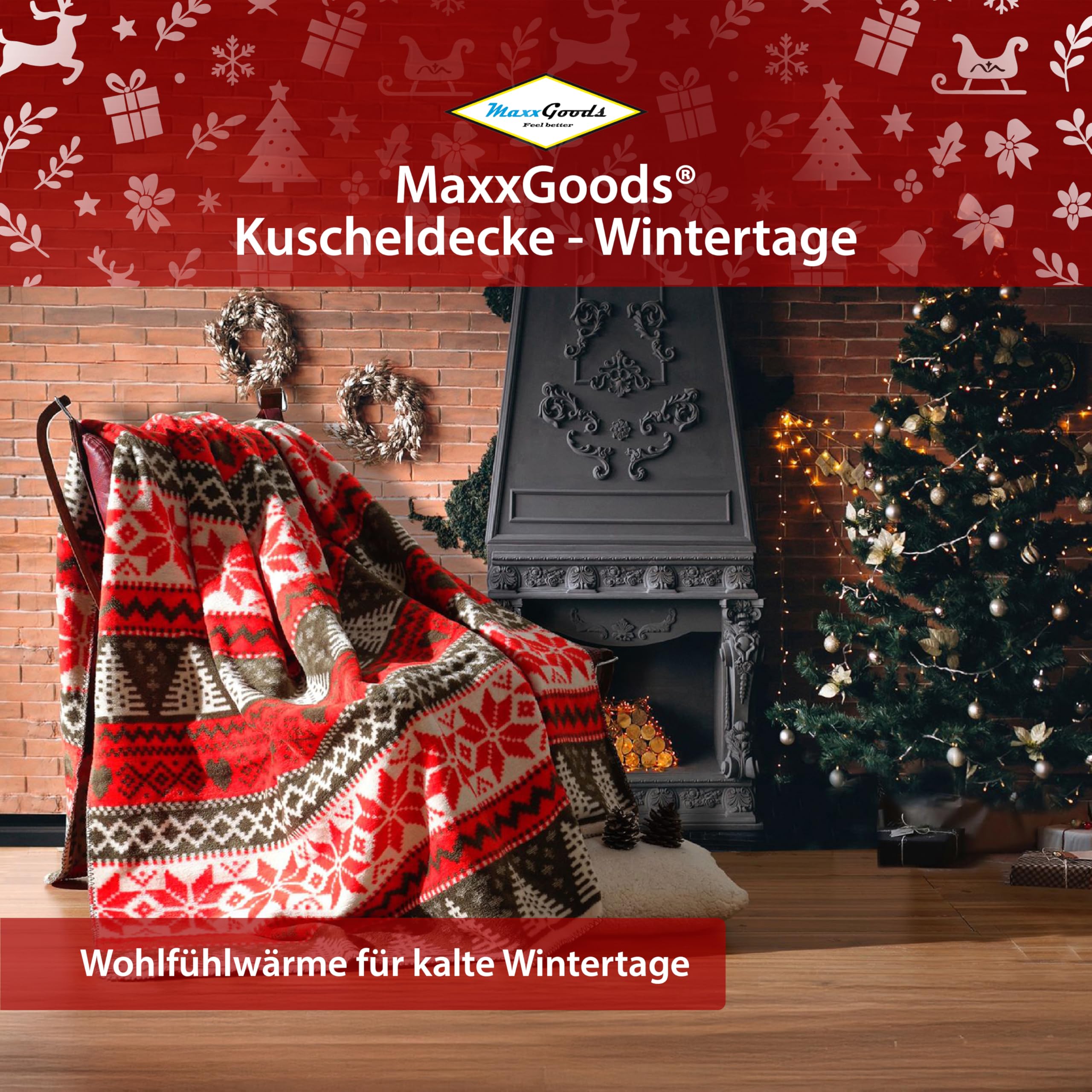 Weihnachtsdecke 200x150 cm Rot - Kuschelige warme Winterdecke mit Schneeflocken, Herzen & Bäumen - Festliche Sofadecke - Flauschdecke - Decke aus Baumwollmix - Kuscheldecke Weihnachten