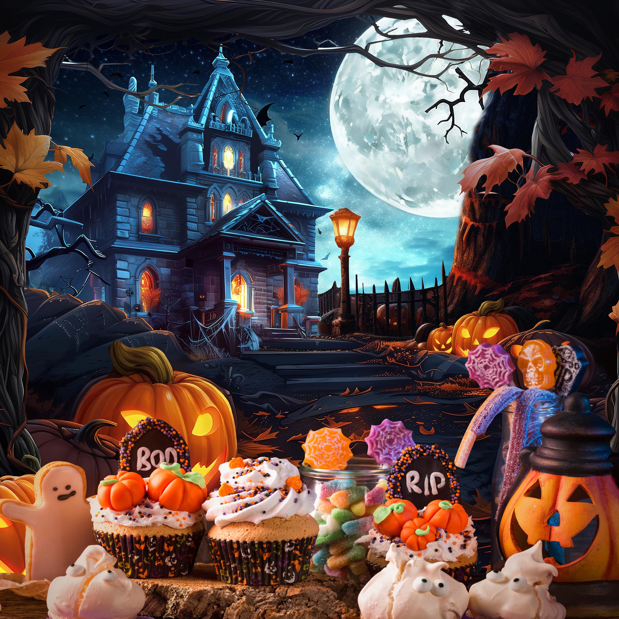 Telón de fondo de Halloween de 7 pulgadas de ancho x 5 pulgadas de alto, castillo espeluznante, luna, noche, calabaza, farol, otoño, hojas de arce, tela de poliéster, terror aterrador, fondos