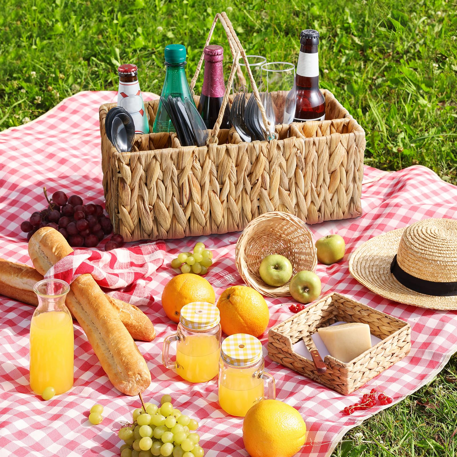 Soporte para cubiertos para fiestas, organizador de utensilios de mimbre, organizador de picnic tejido para platos, cesta de cubiertos de jacinto de agua, organizador de artículos esenciales 5
