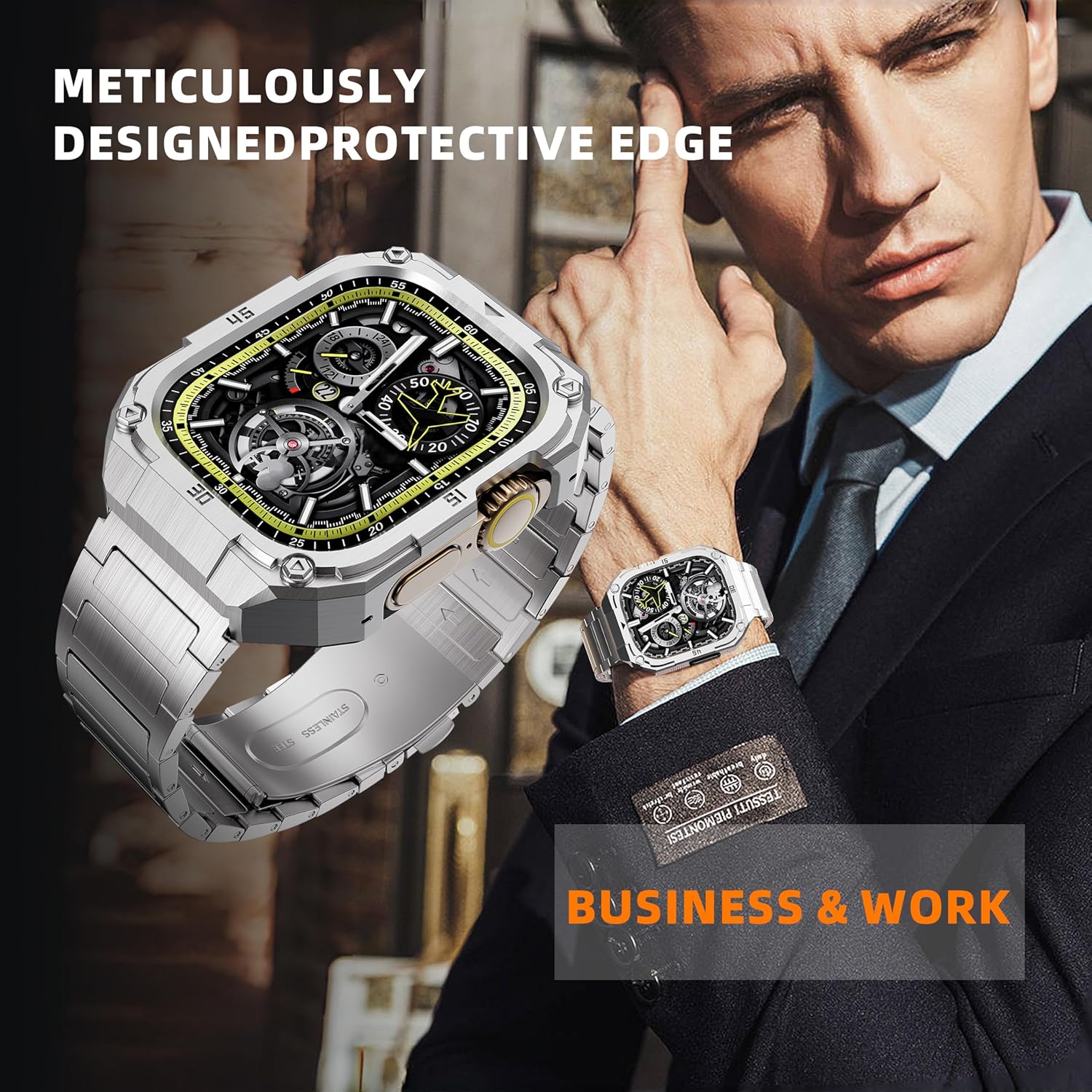 Mechanical Metal Watch Case with Band Compatible with Apple Watch Series 11/10 46mm Band,Rugged Military Stainless Steel Protective Bumper Cover,Tough Business iwatch Band Strap for Men,Silver - Image 9