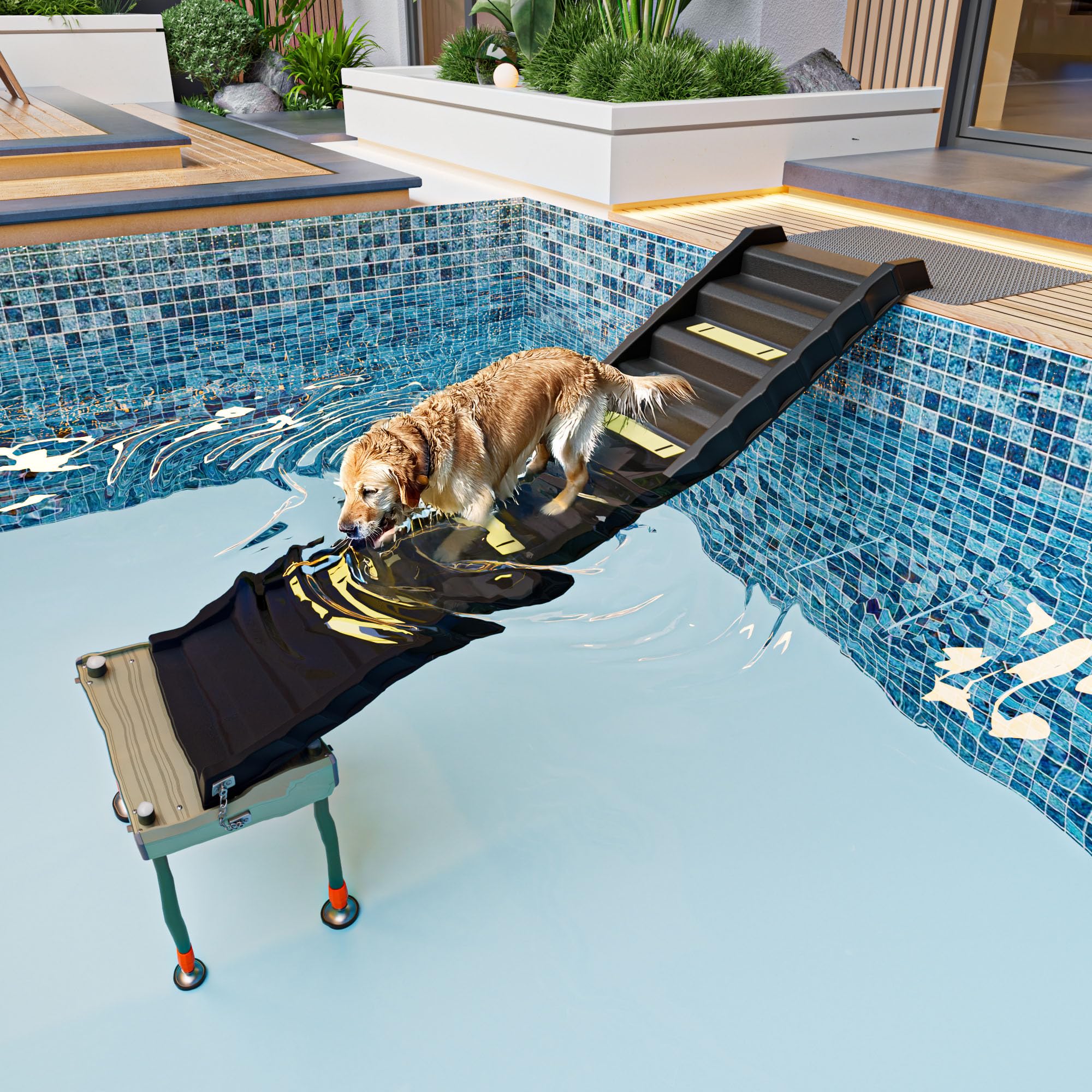 Photo 1 of Adjustable 4-Leg Dog Pool Ramp - Quick Setup & Foldable Dog Ramp for Pool, 200lbs Capacity - Non-Slip Design for Enhanced Stability, Black