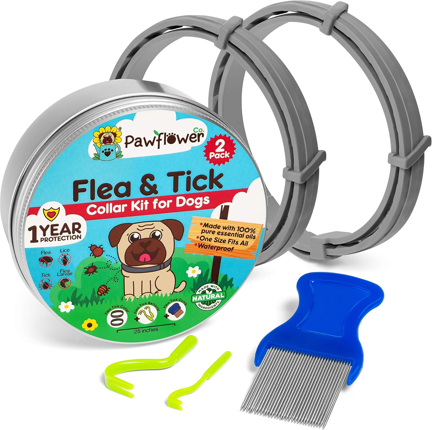 Pawflower Co. Flea and Tick Collar for Dogs - Natural Flea Collar for Dogs Small, Medium, Large Dogs - 2 Pack Dog Flea Collars with Comb…