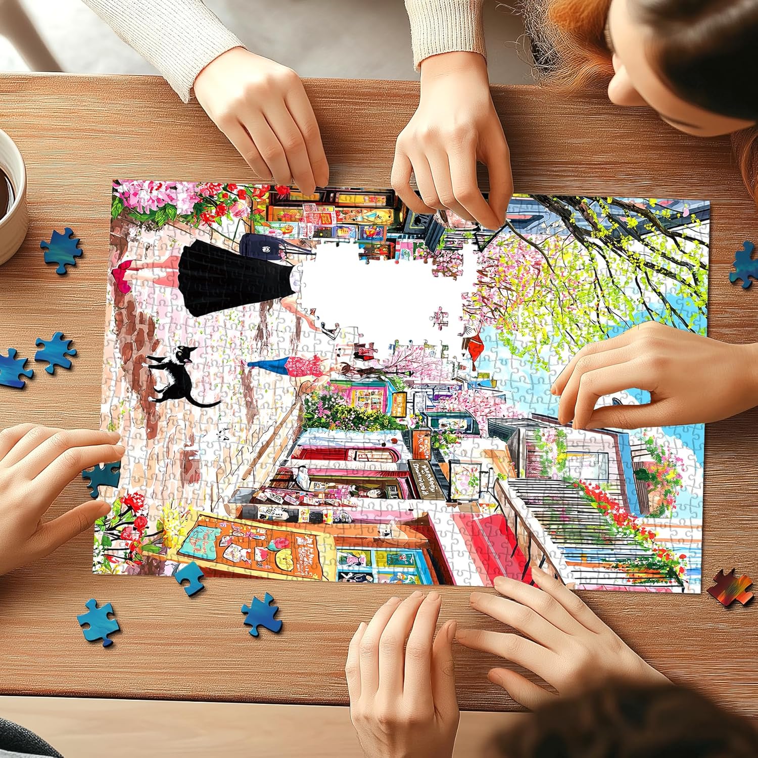 500 Pieces Cherry Blossom Puzzle, Pink Street Jigsaw Puzzle for Adults, Colorful Spring Scene Art Puzzle for Perfect Family Challenge Game Nights