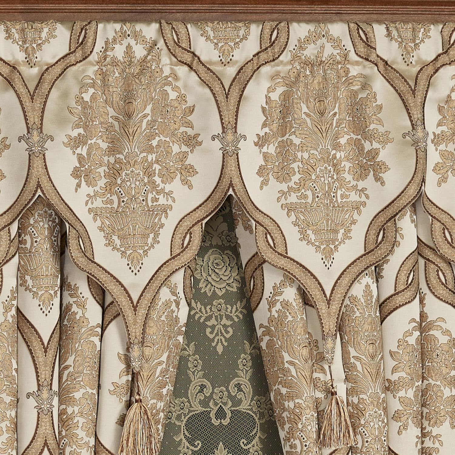Luxurious Barrington Traditional Window Treatment | Sophisticated Jacquard Woven Damask Medallion Quatrefoil | Light Gold, Champagne, Chocolate | Drapery Set | Wide 95L Curtain Pair, Contour Valance