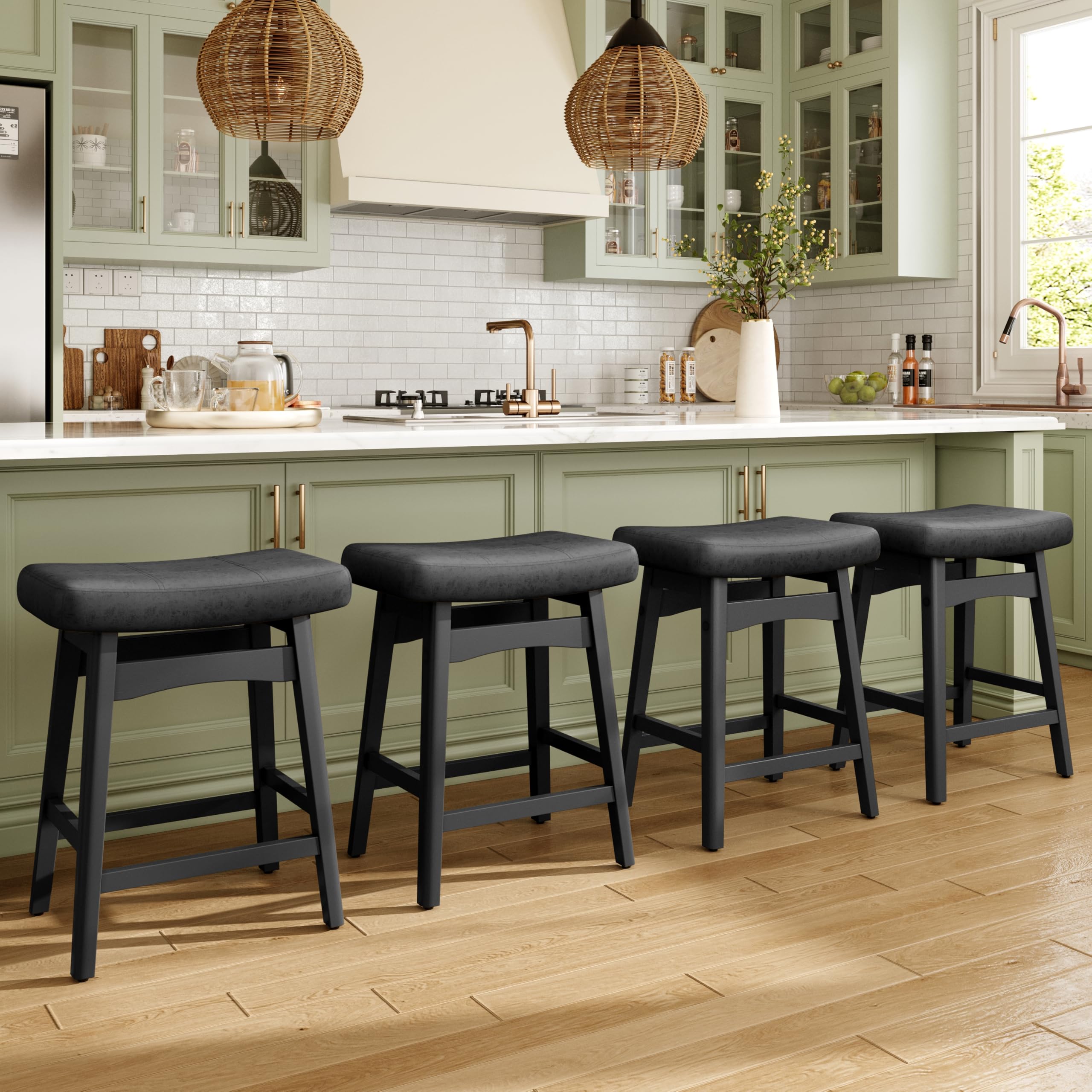 MAISON ARTS Black Counter Height Bar Stools Set of 4 for Kitchen Counter Solid Wood Legs with Faux Leather Saddle Seat Farmhouse Barstools for 34"-38"