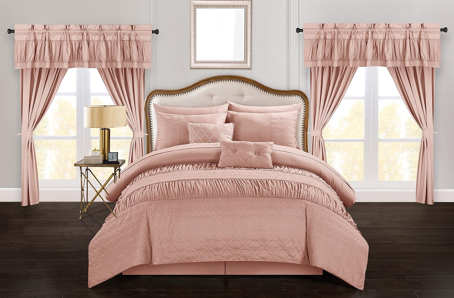 Mykonos 20 Piece Comforter Set Striped Ruched Ruffled Embossed Bag Bedding, Queen, Coral