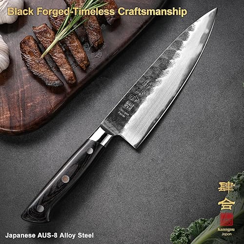 Miniatura 2 de Cuchillo de chef japonés de 8 pulgadas, cuchillo de cocina forjado negro con acero de aleación AUS-8 y mango de madera de Pakka de espiga completa,