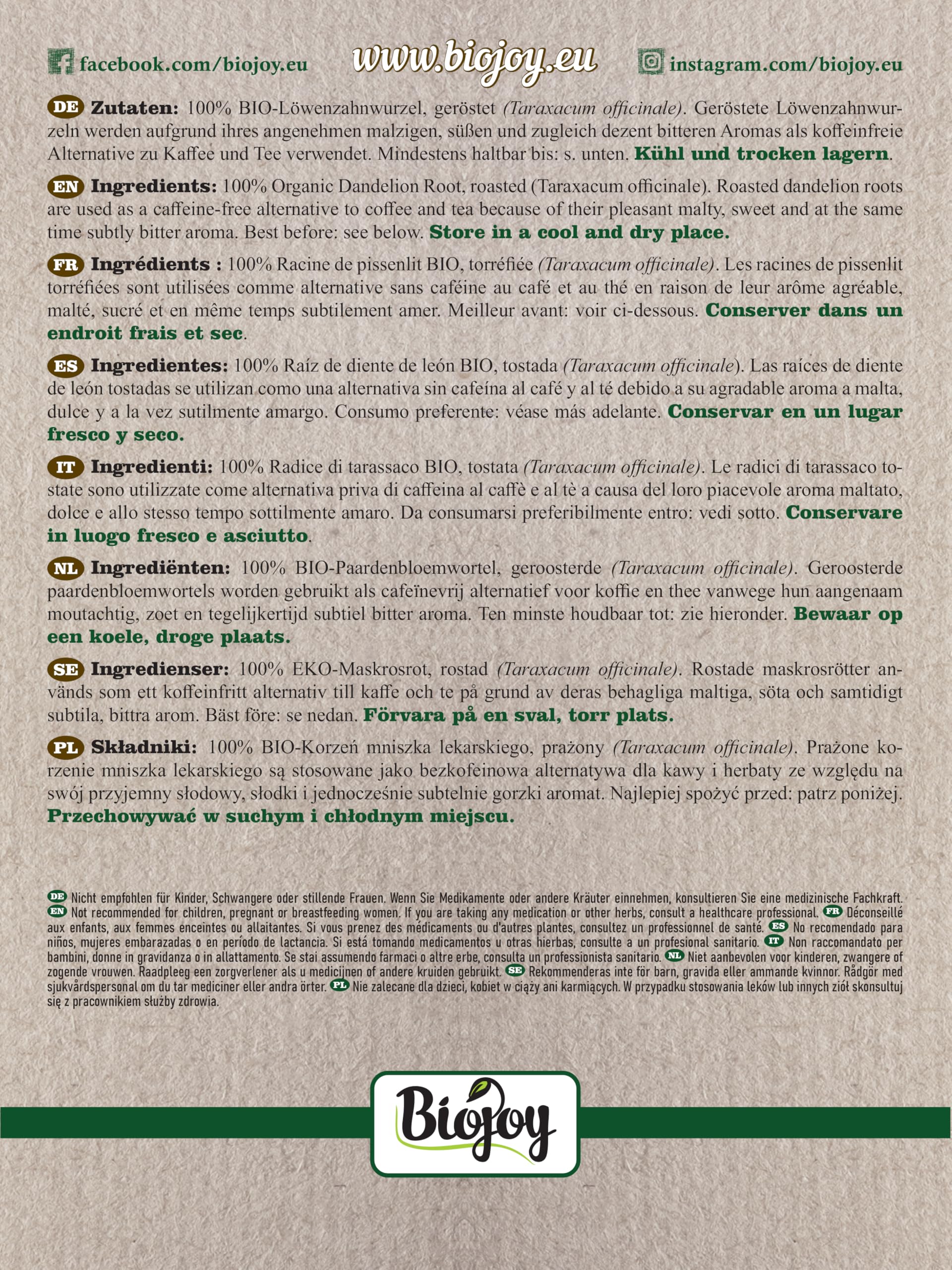 Biojoy Raíces de diente de león Ecológico (100 g), secadas y tostadas, ideales para Infusión (Taraxacum officinale)