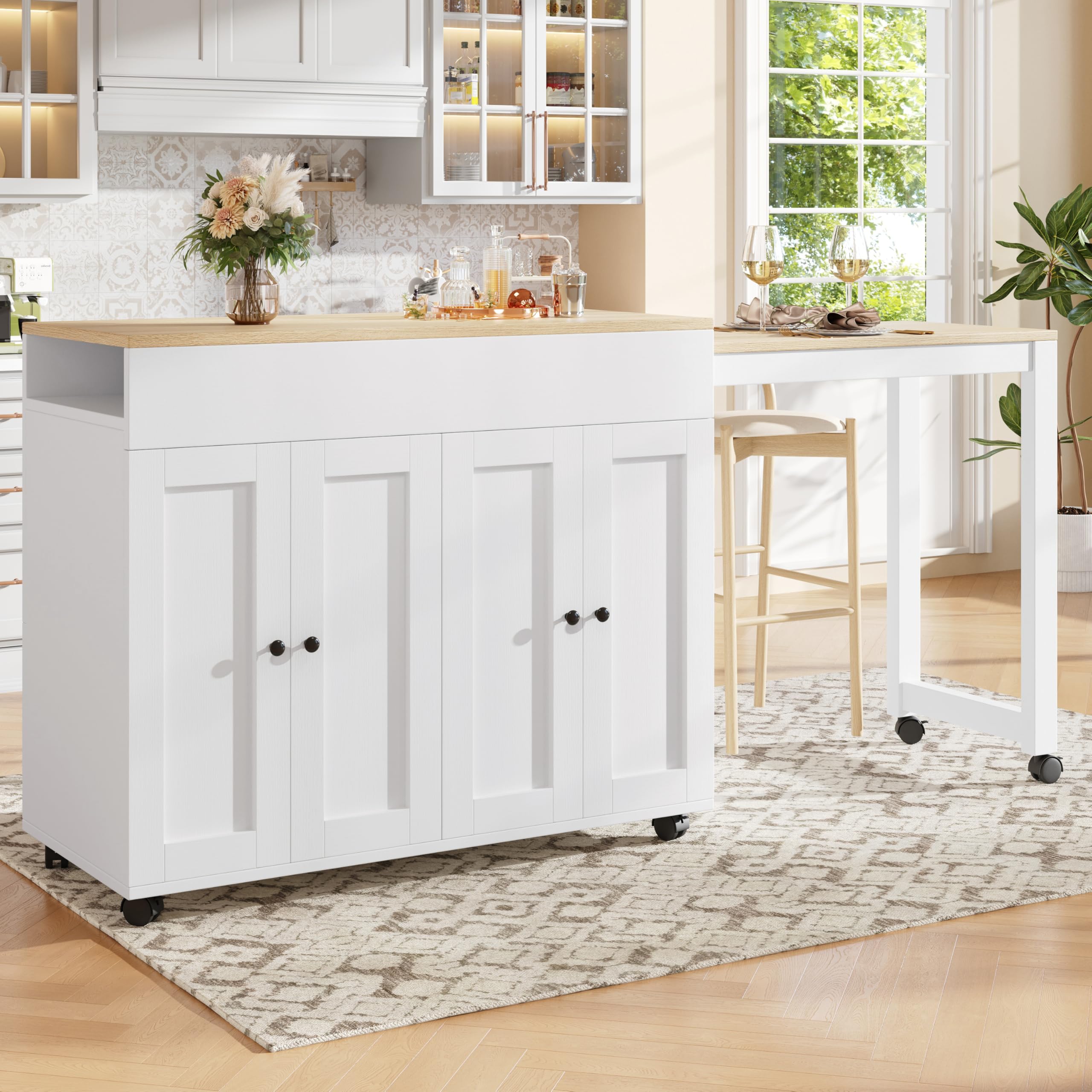 Îlot Central Cuisine avec Plan de Travail Extensible 117-180x50x94 cm, Table de Bar avec Rangement, Modèle Télescopique, Buffet et Séparateur de Pièce avec 6 Compartiments, Blanc