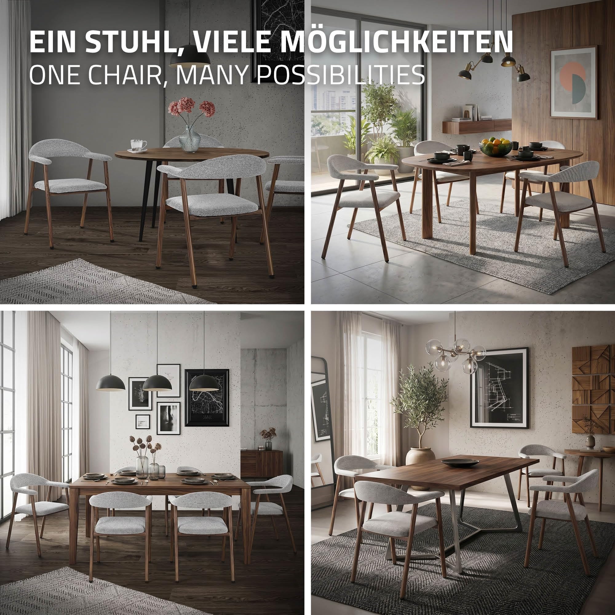 ML-Design Juego 4 Sillas de Comedor con Reposabrazos, Asientos de Cocina y Salón con Respaldo, Tapizado Tejido Gris y Estructura de Acero con Aspecto Madera, Sillones Ergonómicos Modernos