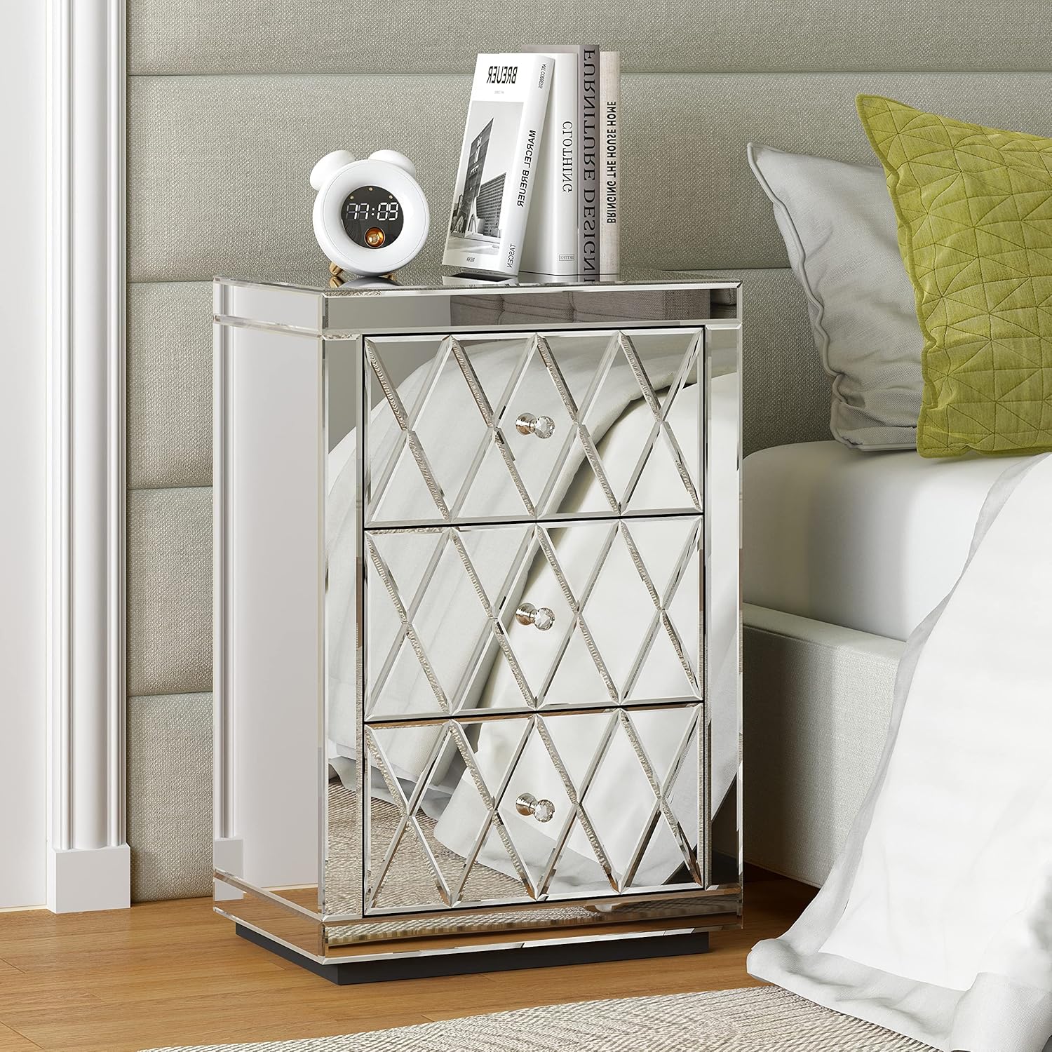 Amazon.com: SHYFOY Mirrored Nightstand with 3 Drawers, Silver Bed Side ...