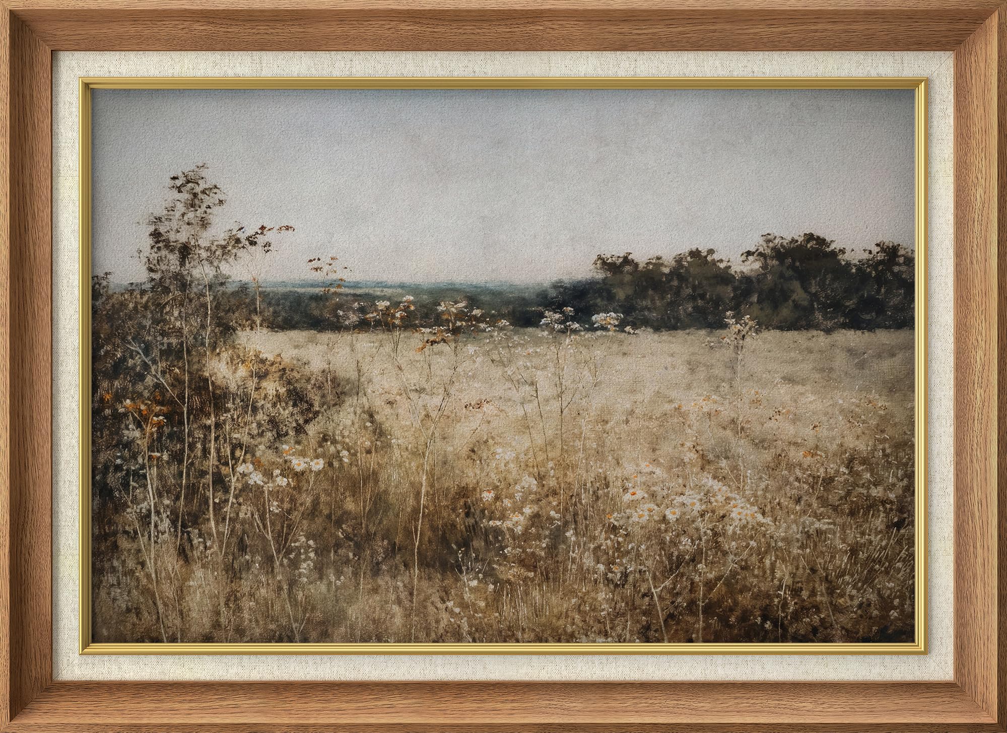 (damaged)MUDECOR Premium Framed Wall Art Tranquil Countryside with Wildflowers and Distant Trees Illustrations Impressionism Scenic Colorful for Living Room, Bedroom, Office - 26"x36" Natural