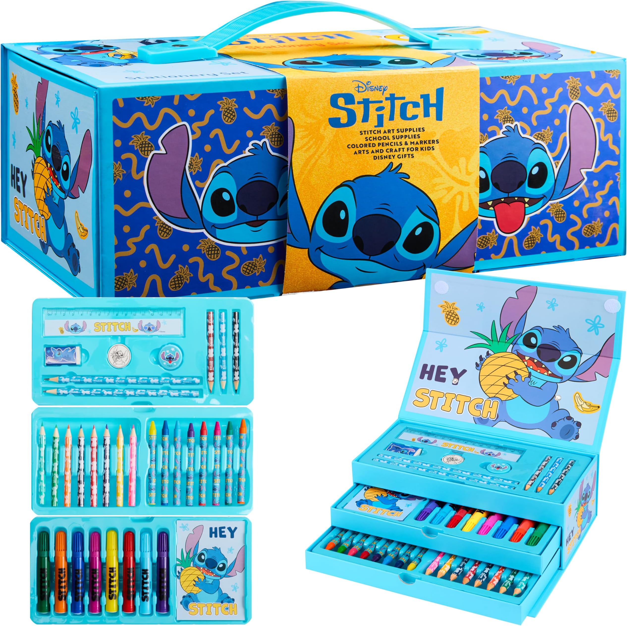Disney Stitch Colouring Pencils for Kids Colouring Pens Crayons Art Supplies in Art Box Kids Colouring Sets 30 Plus Pieces Travel Case Stitch Gifts for Kids