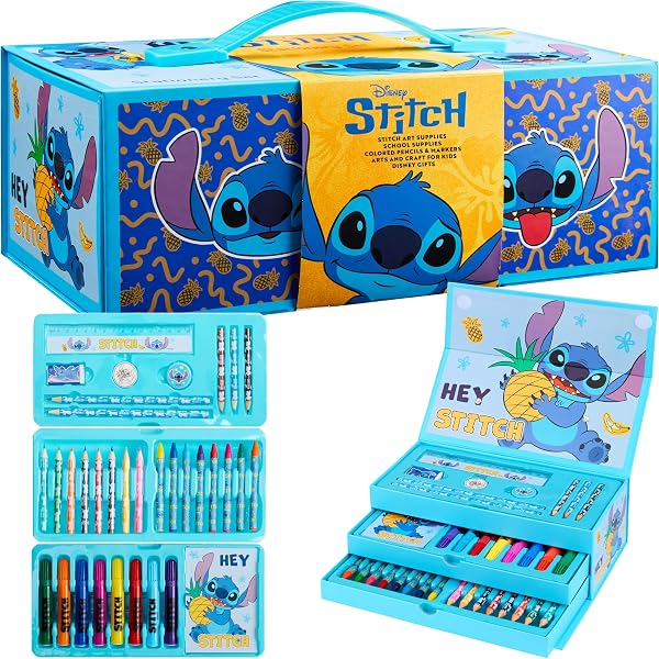 Disney Stitch Kids Colored Pencils Drawing Kit Art Set for Girls Boys Stationery with Notepad Crayons Markers Travel Cas