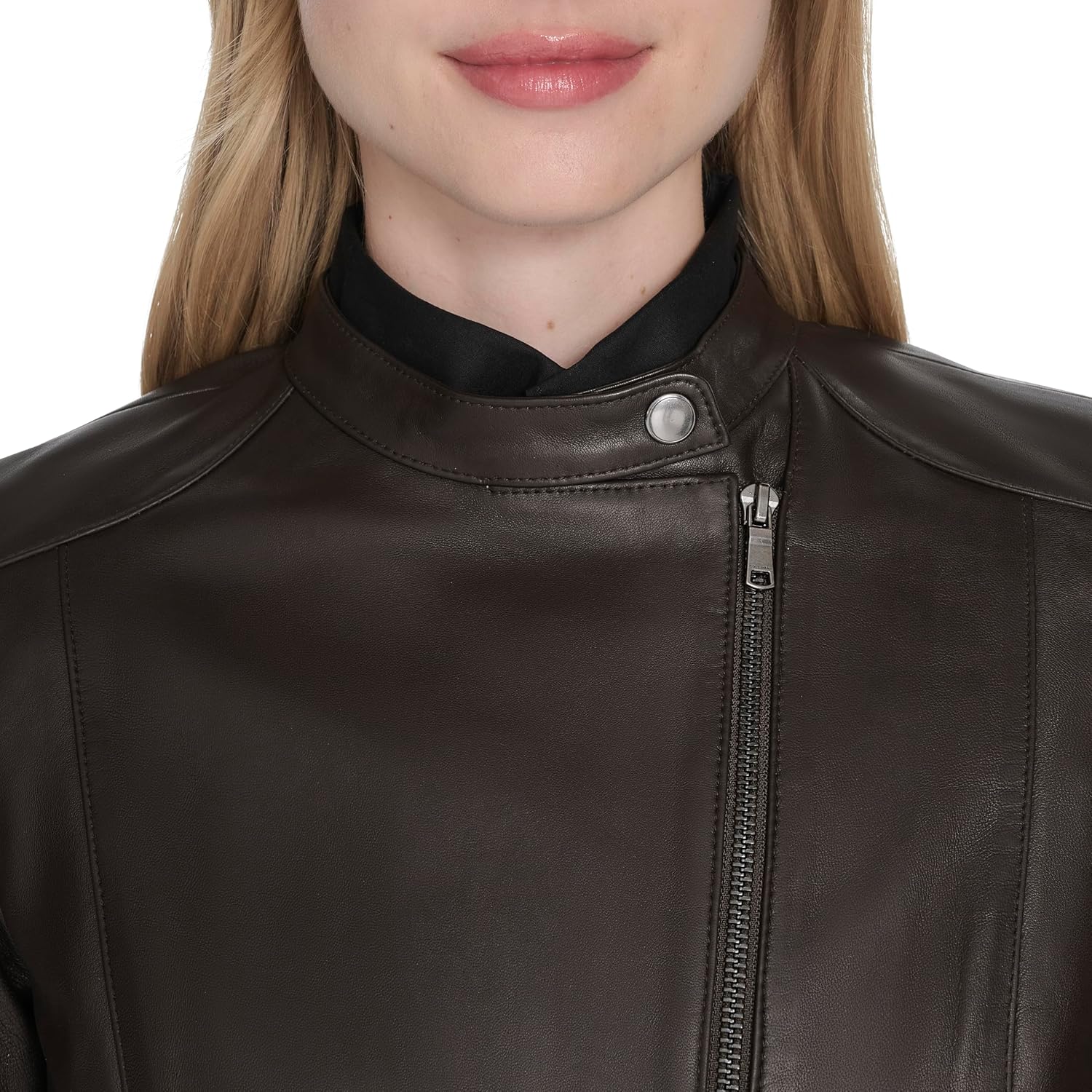 Cole Haan Women's Long Sleeve Snap Collar Asymetric Zipper Leather Jacket