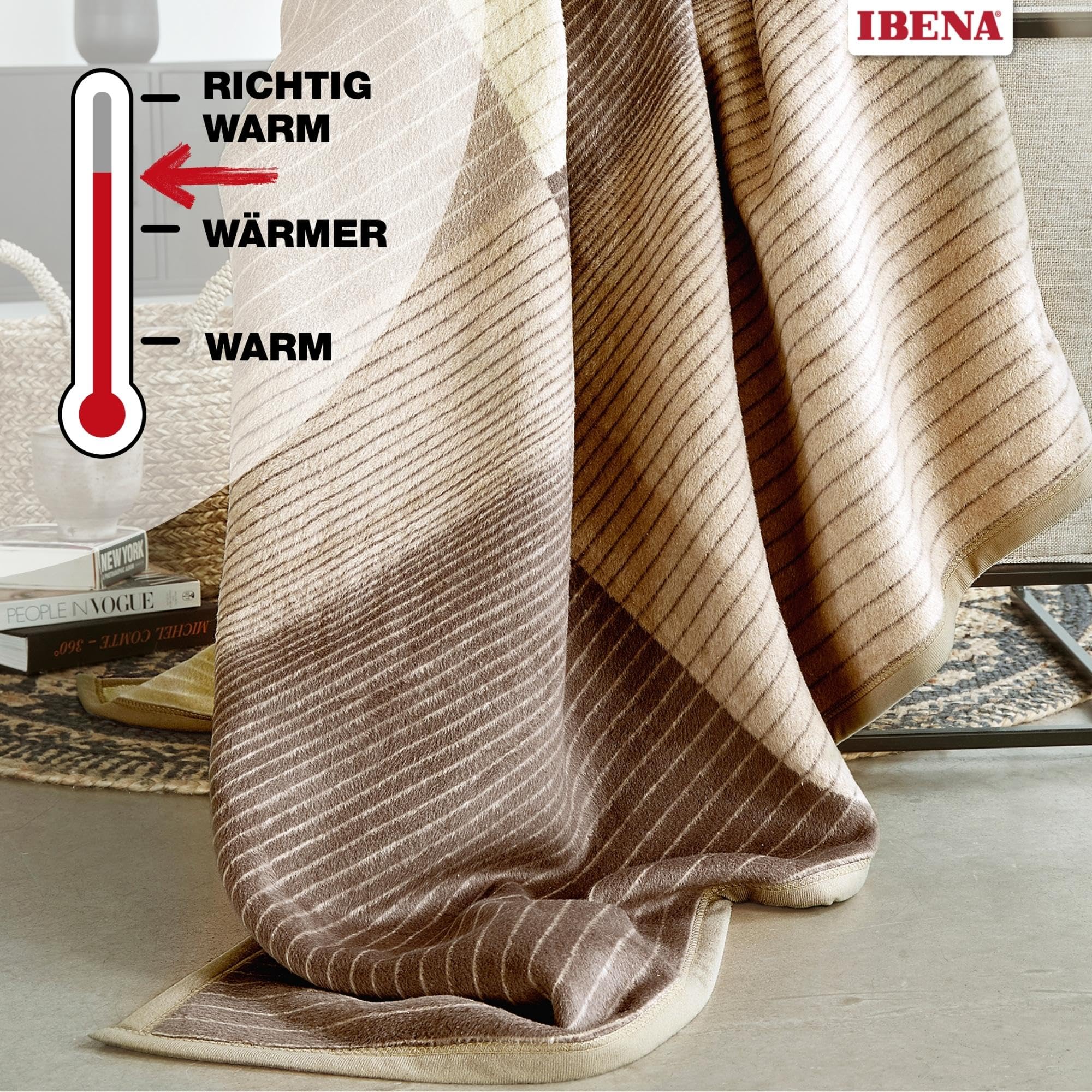 Ibena Granada Decke 150x200 cm – Kuscheldecke beige braun, pflegeleichte und kuschelweiche Baumwollmischdecke mit tollem Karomuster