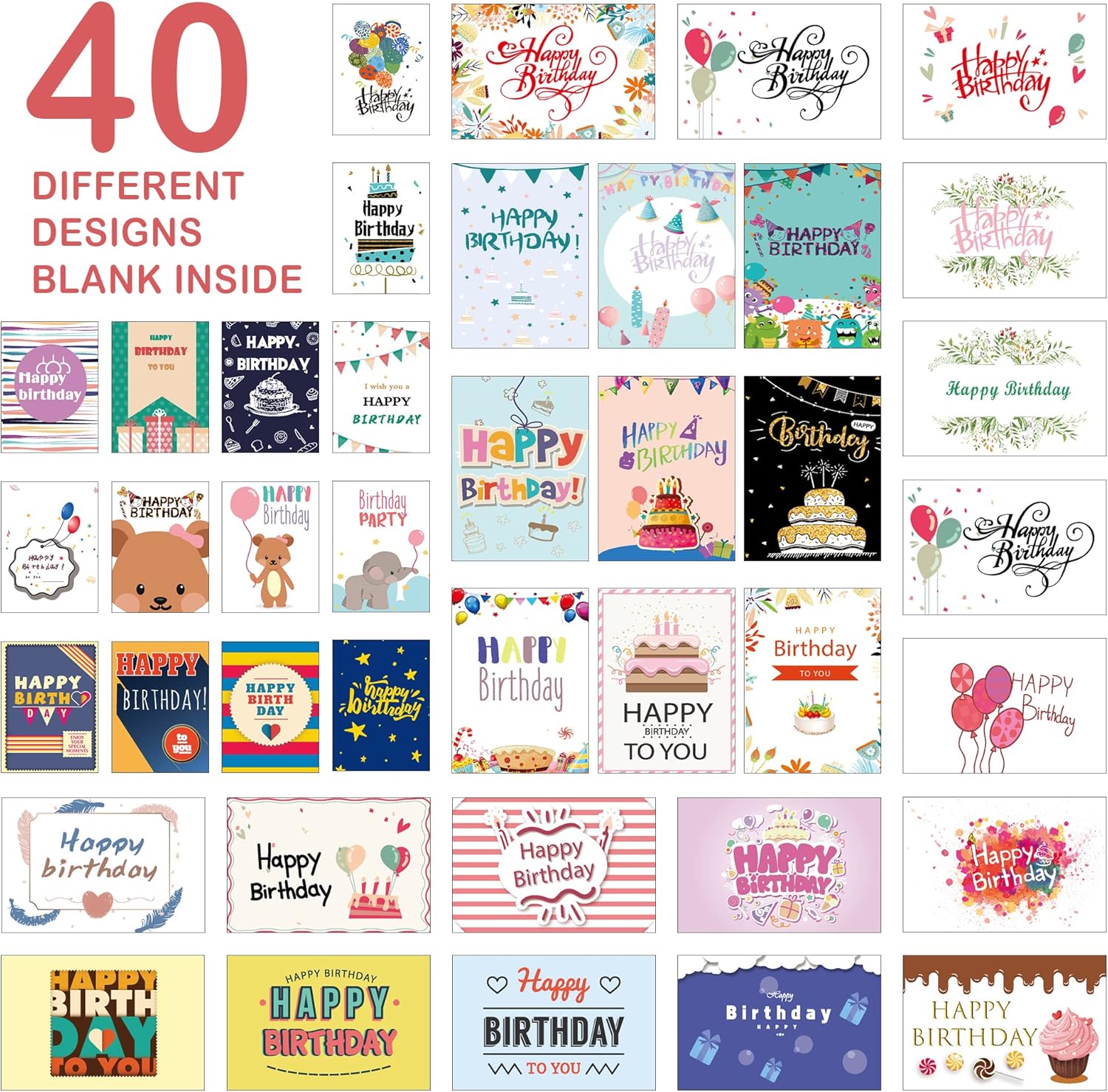 feela Birthday Cards Bulk, 320 Pack 40 Designs Happy Birthday Card Assortment Box with 320 Blank Envelopes, 336 Pieces of Stickers, 12 Washi Tapes, Greeting Cards for Employees Family, 4” X 6” - Image 2