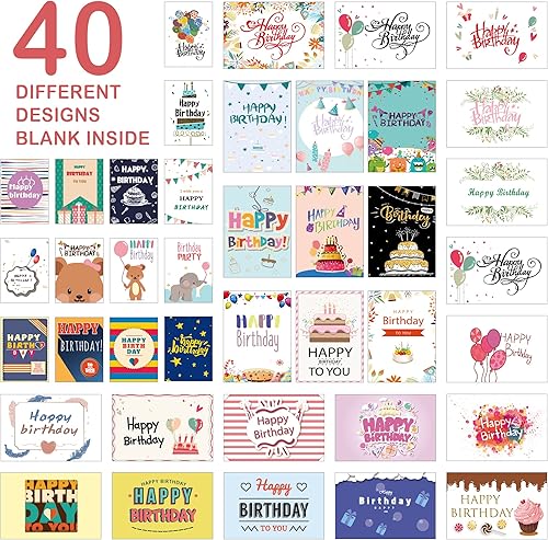 Miniatura 2 de feela Tarjetas de cumpleaños a granel, paquete de 320 40 diseños, caja surtida de tarjetas de feliz cumpleaños con 320 sobres en blanco, 336 piezas