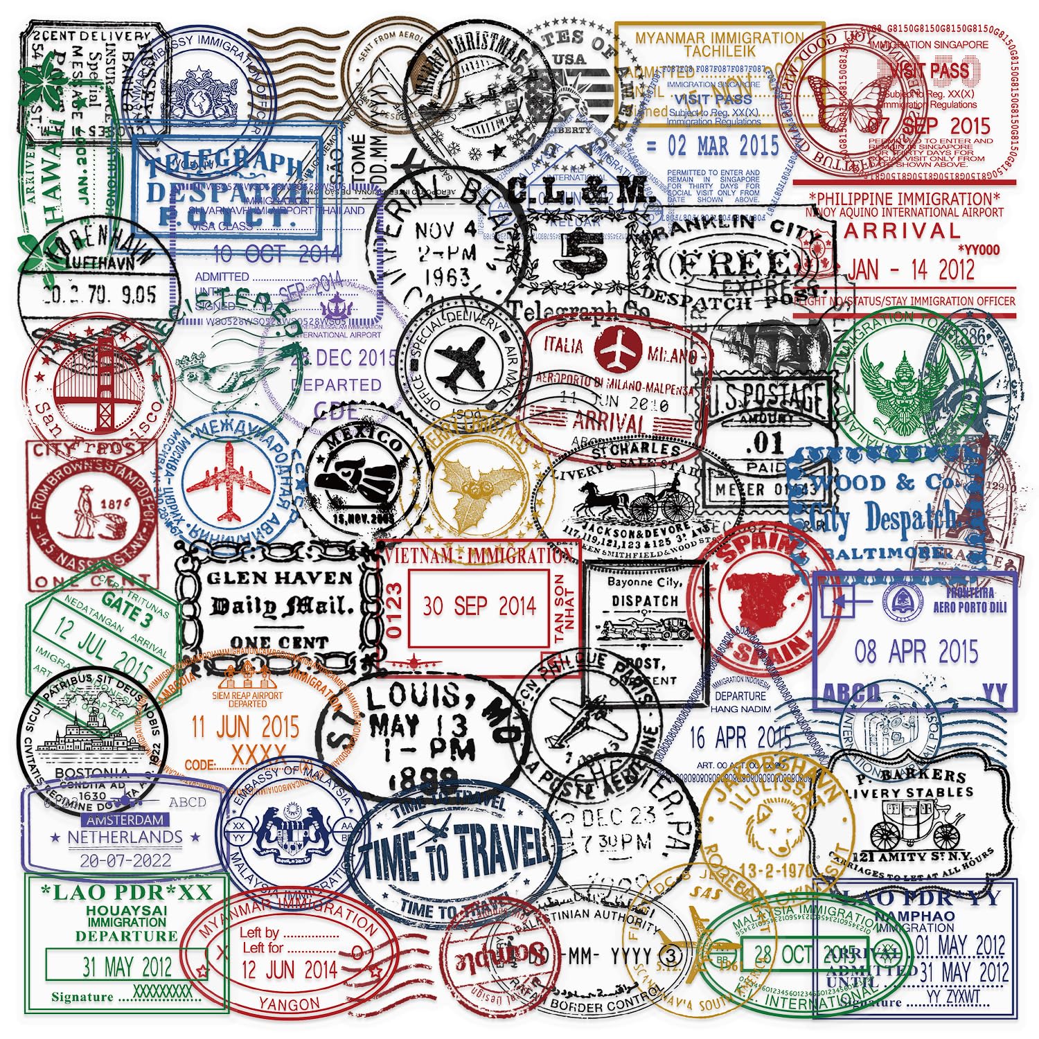 60 Postmark Stickers, Vintage Travel Stamp Post Mark Sticker Pack for Scrapbook Laptop Helmet Water Bottle