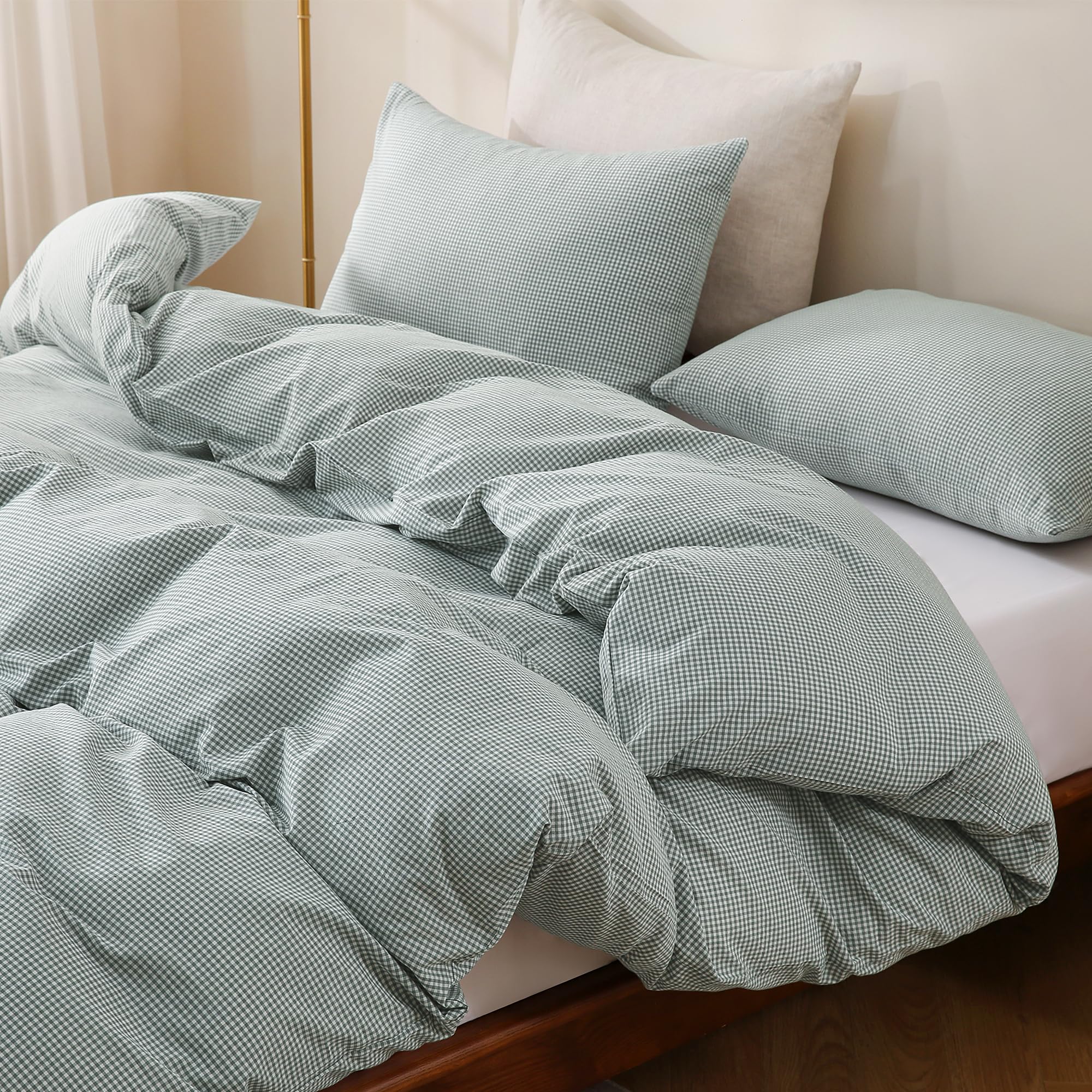 TOCOMOA Mini Gingham Green Duvet Cover Set Washed Cotton Like Linen, Queen