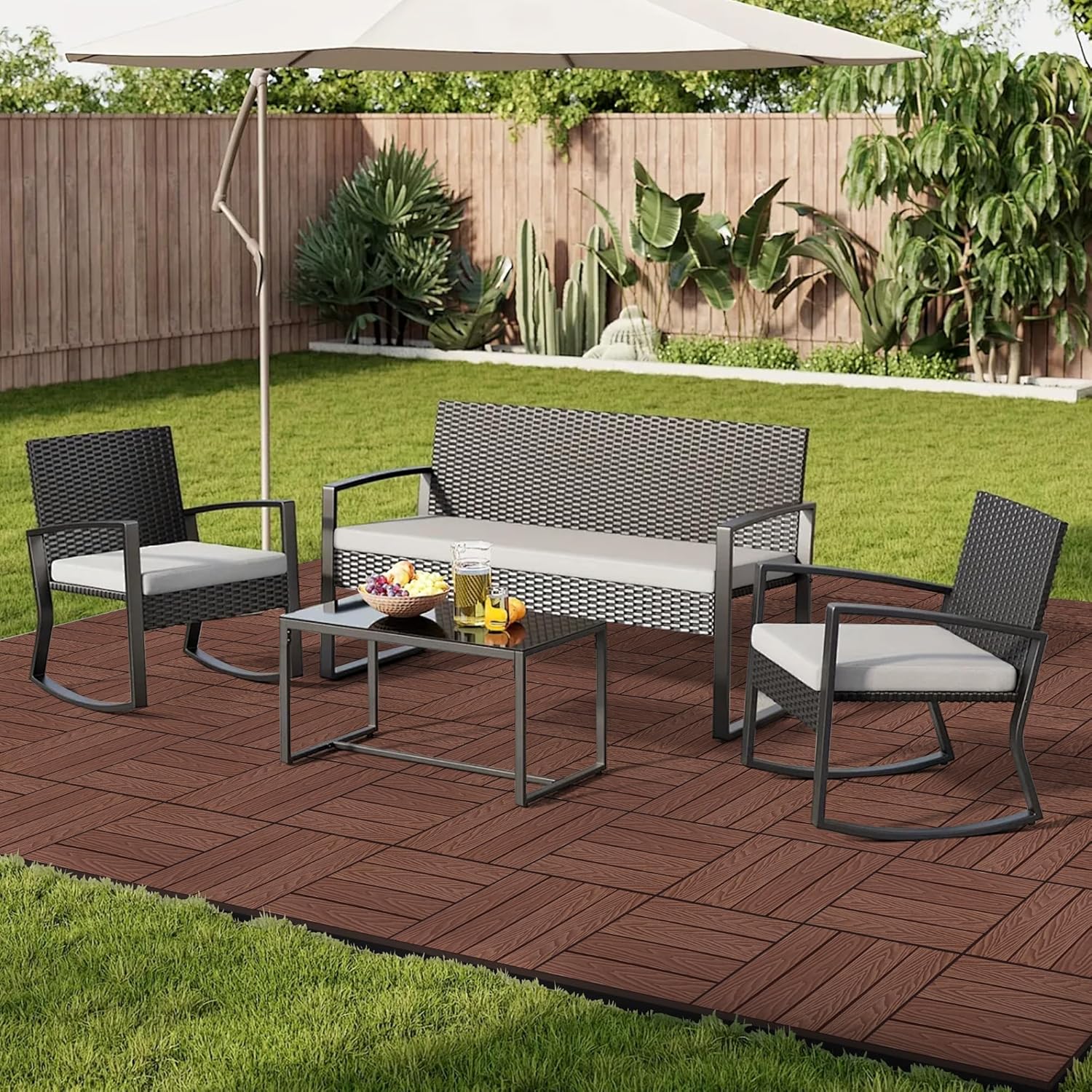 Composite Interlocking Deck Tiles Outdoor, 12"x12" Waterproof Decking Tiles Outdoor, Straight Grain Outdoor Deck Tiles for Patio, Balcony, Poolside, 10 Pack, Light Coffee Color