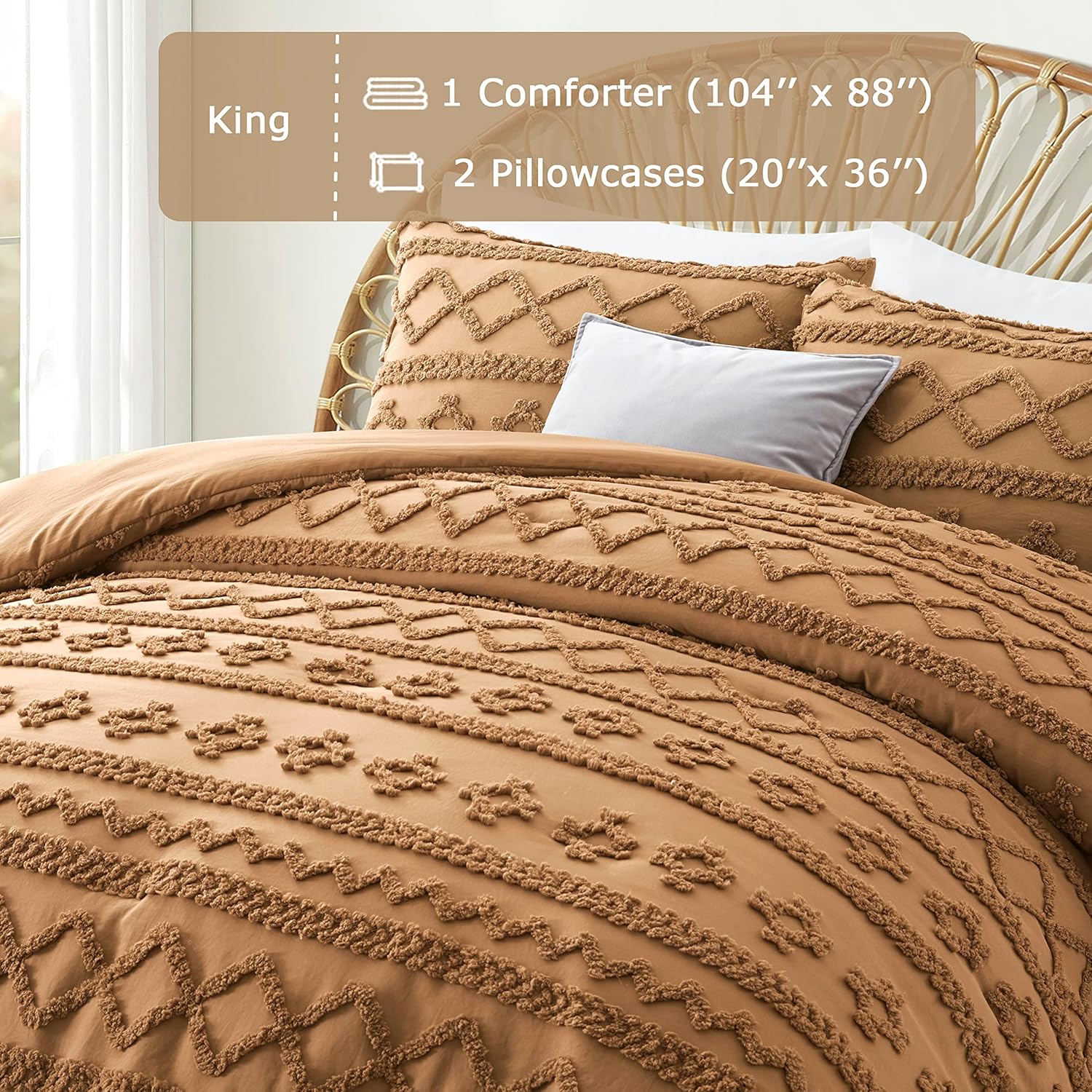Oli Anderson Pumpkin Brown King Comforter Set Tufted Bedding Set King 3 Pieces, Boho Shabby Chic Comforter with 2 Pillowcases (Pumpkin Brown,King) - Image 4