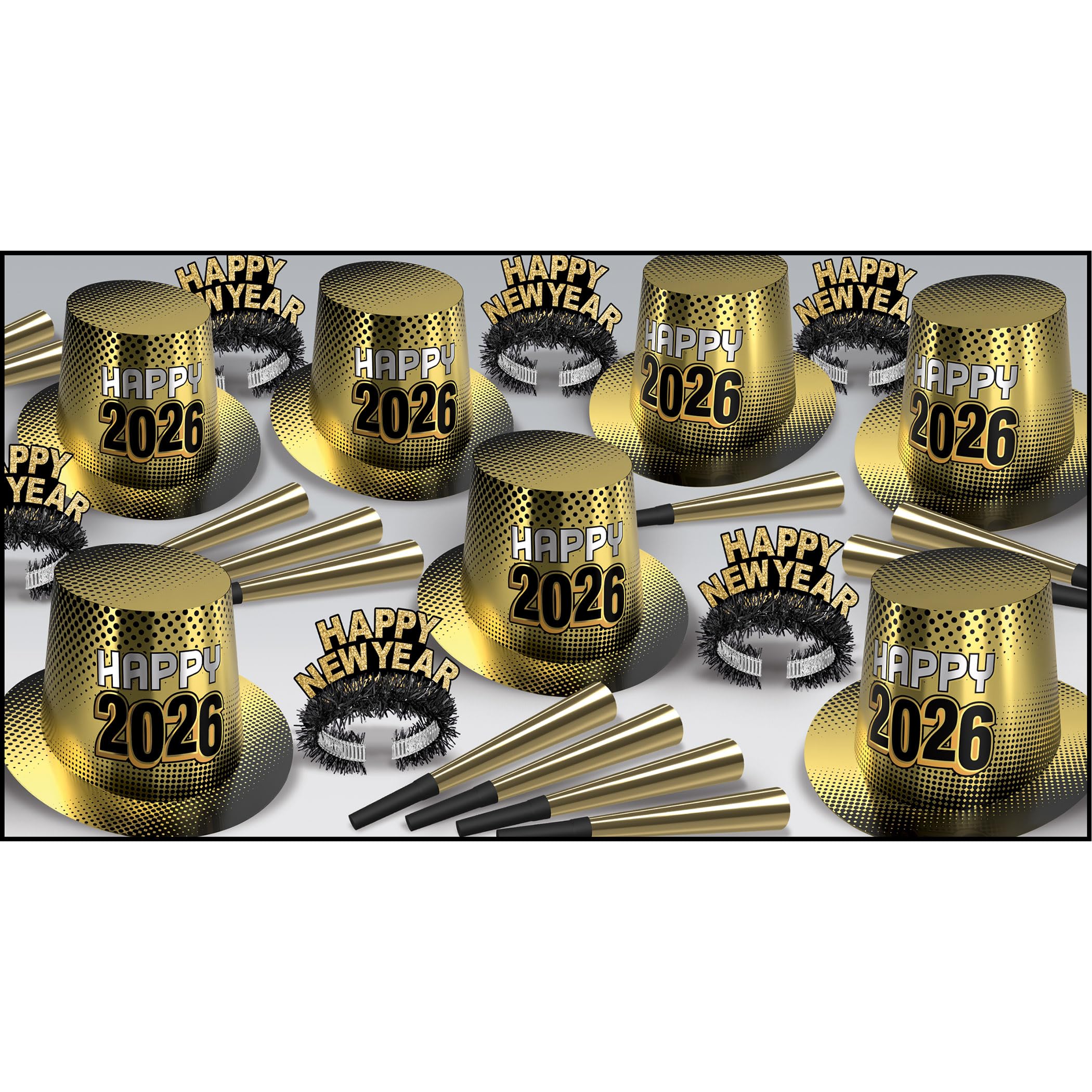 Kit de fête du Nouvel An 2026 avec chapeaux en feuille d'or et diadèmes pour 50 invités