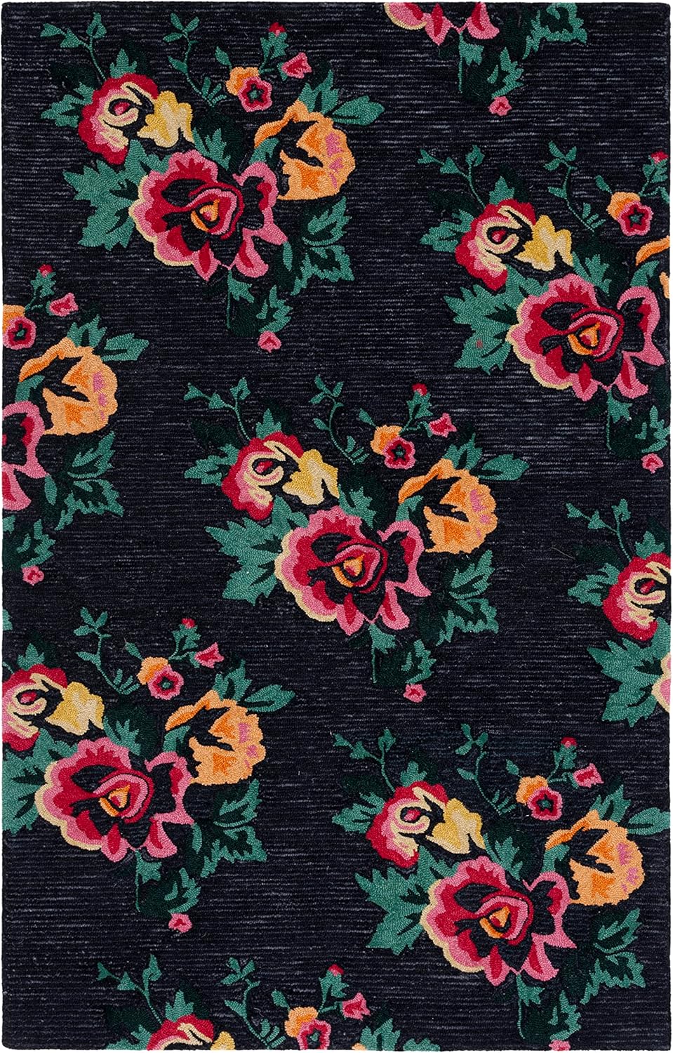 Handmade Black Floral Wool Rectangular Area Rug 3' x 5'