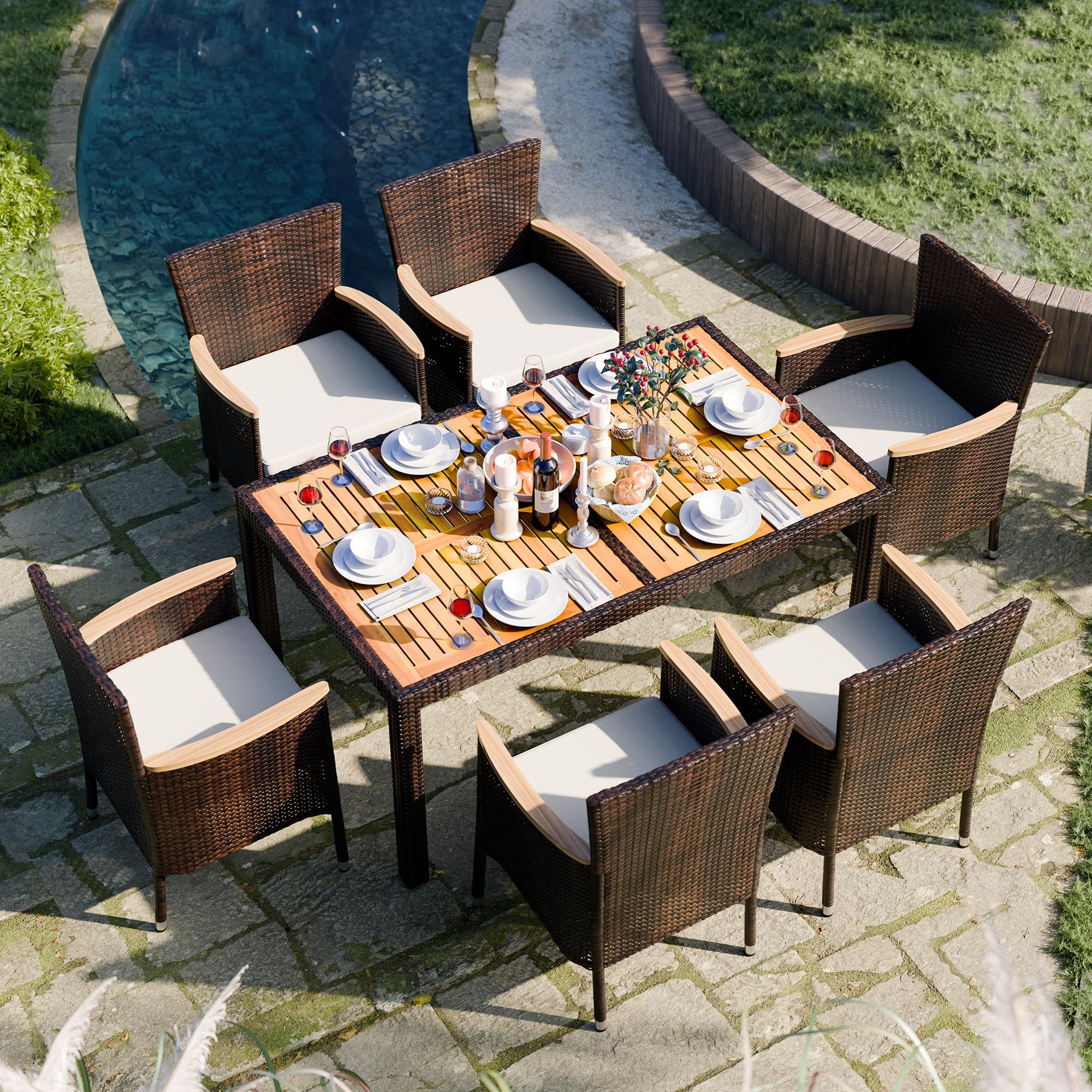 Amazon.com: VINGLI 7 Pieces Patio Dining Set, Wicker Outdoor Dining Set ...