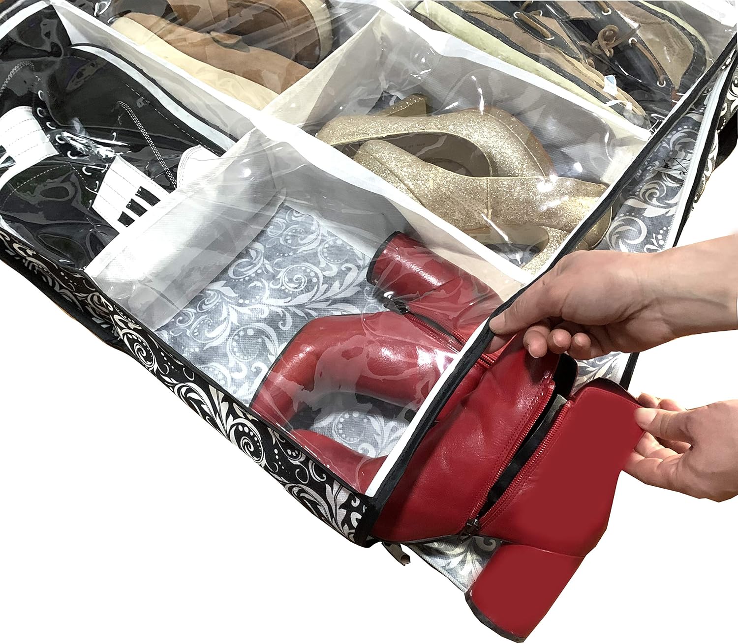 12 Cells See Through Underbed Shoes and Boots Storage Bag Organizer with Black and White Flower (Black) - 40.9x24.4x5.51 Inch
