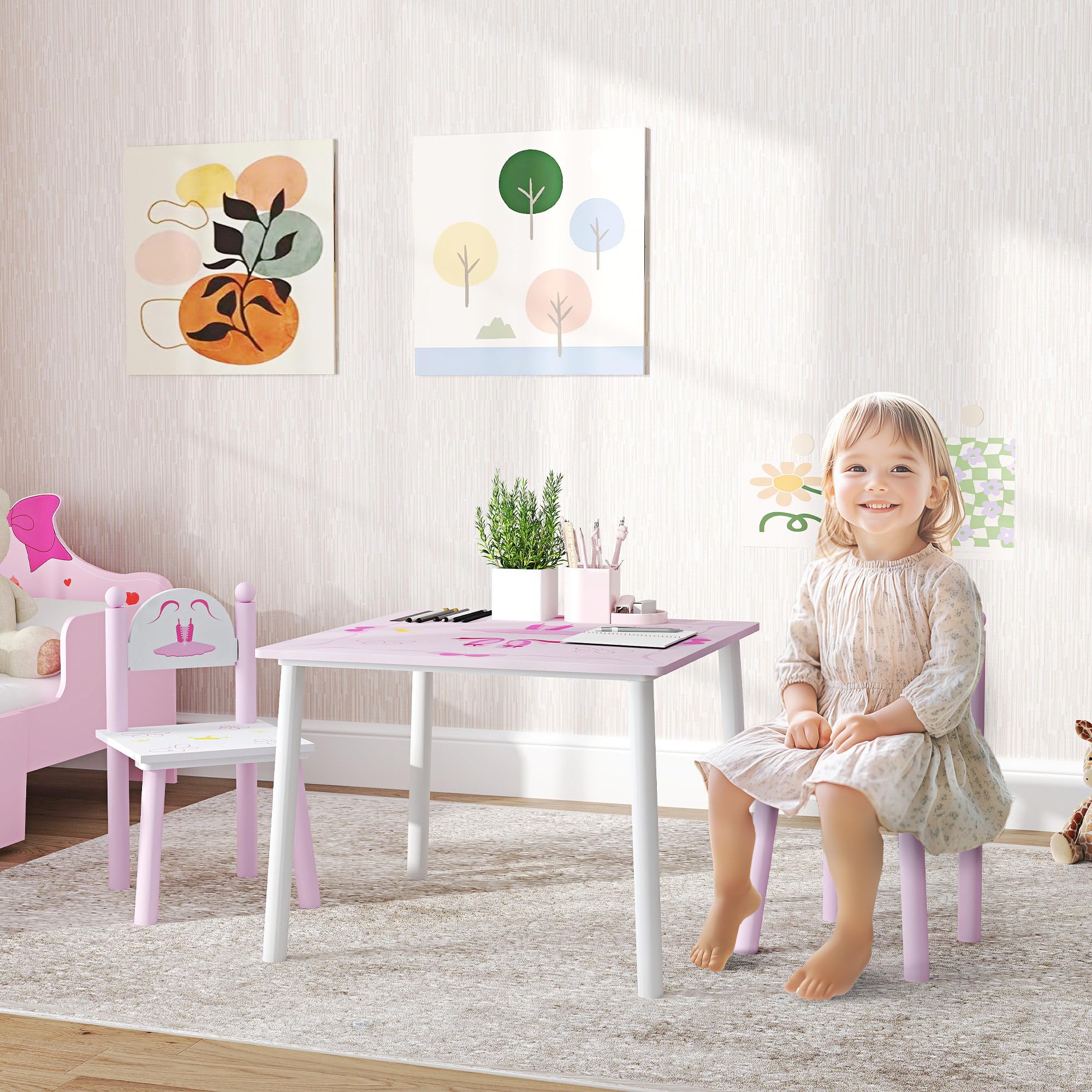 AIYAPLAY Tavolo e sedie per bambini 3 pezzi stile principessa Rosa e bianco