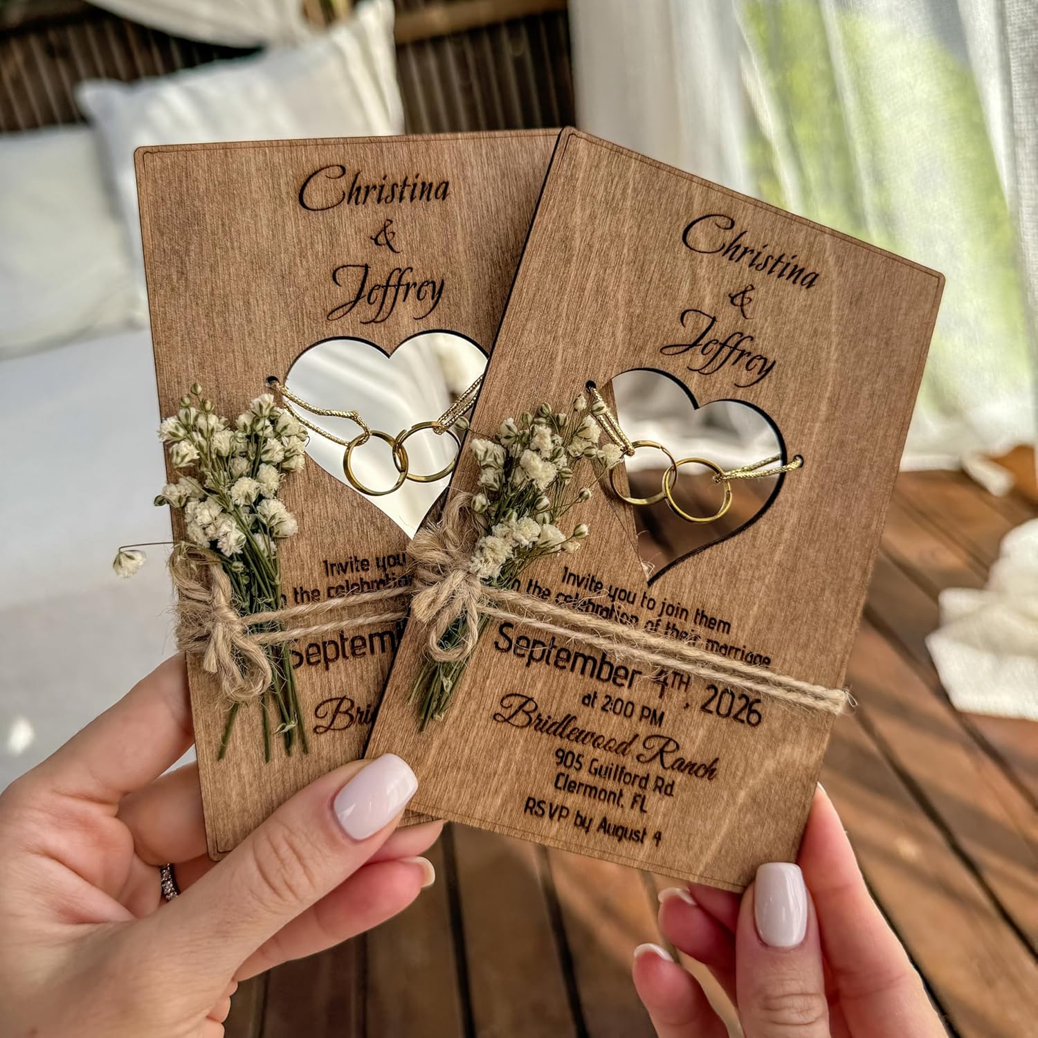 Wood Wedding Invitations with Envelopes, Engraved Heart Cutout with Gold Brass Rings, Dried Flowers & Stickers – Personalized Wedding Invitations