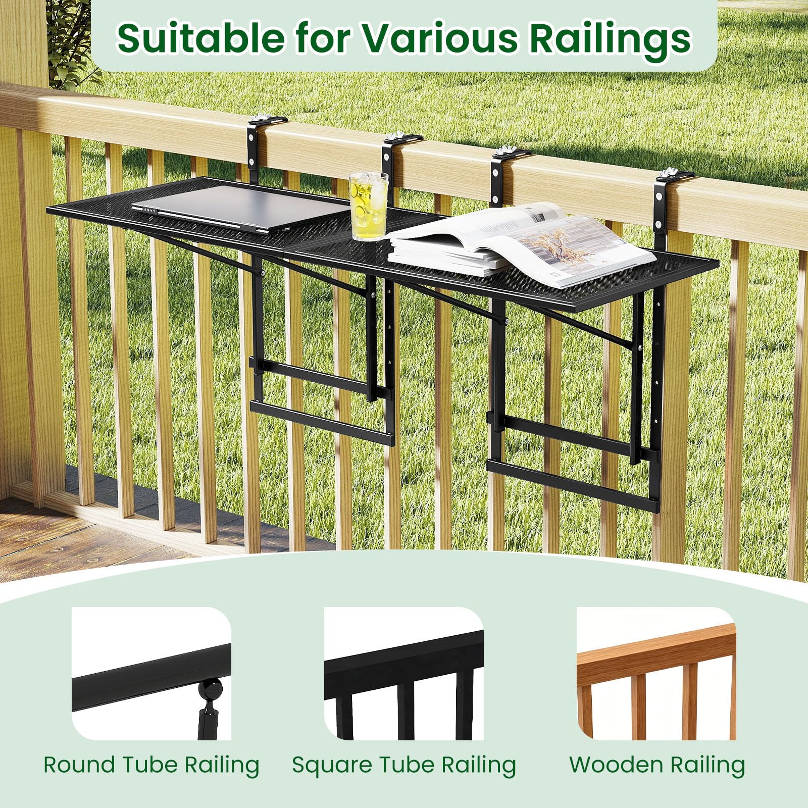 GIANTEX Set di 2 Tavolini da Balcone Pieghevoli, 121 x 41 x 60-80 cm | Tavolo da Ringhiera in Metallo con Ampio Ripiano, 5 Livelli di Regolazione in Altezza, Tavolo Sospeso Richiudibile