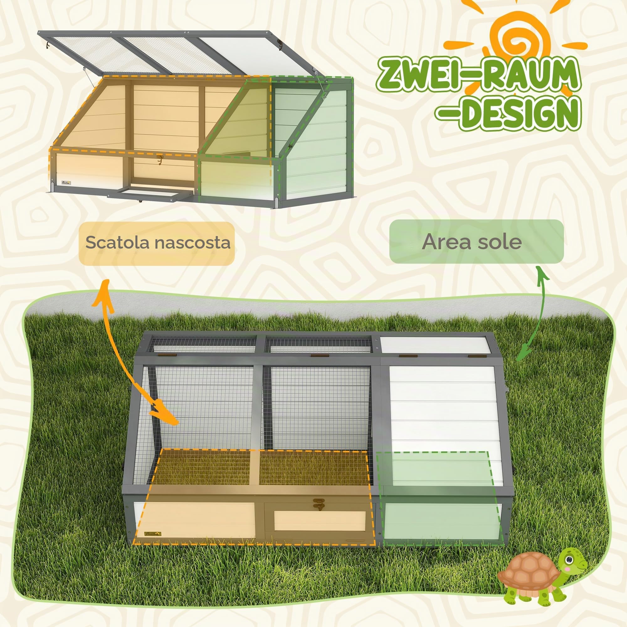 PawHut Casa tartaruga con casa principale anfibi 120x55x50cm bianco | Recinto in legno per tartaruga, area giochi, coperchio ribaltabile, serratura, gabbia per rettili, conigliera