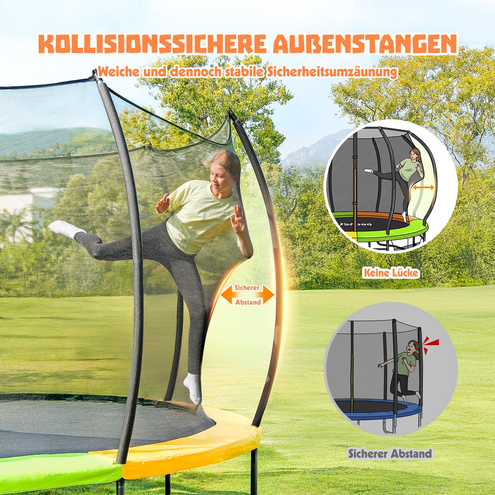 Trampolin Outdoor Ø228/305/366 cm, GS-Zertifikat, Gartentrampolin für Kinder, Stabile Rahmenkonstruktion, Trampolin mit Tasche, Leiter, Randabdeckung & gepolsterten Netzstangen