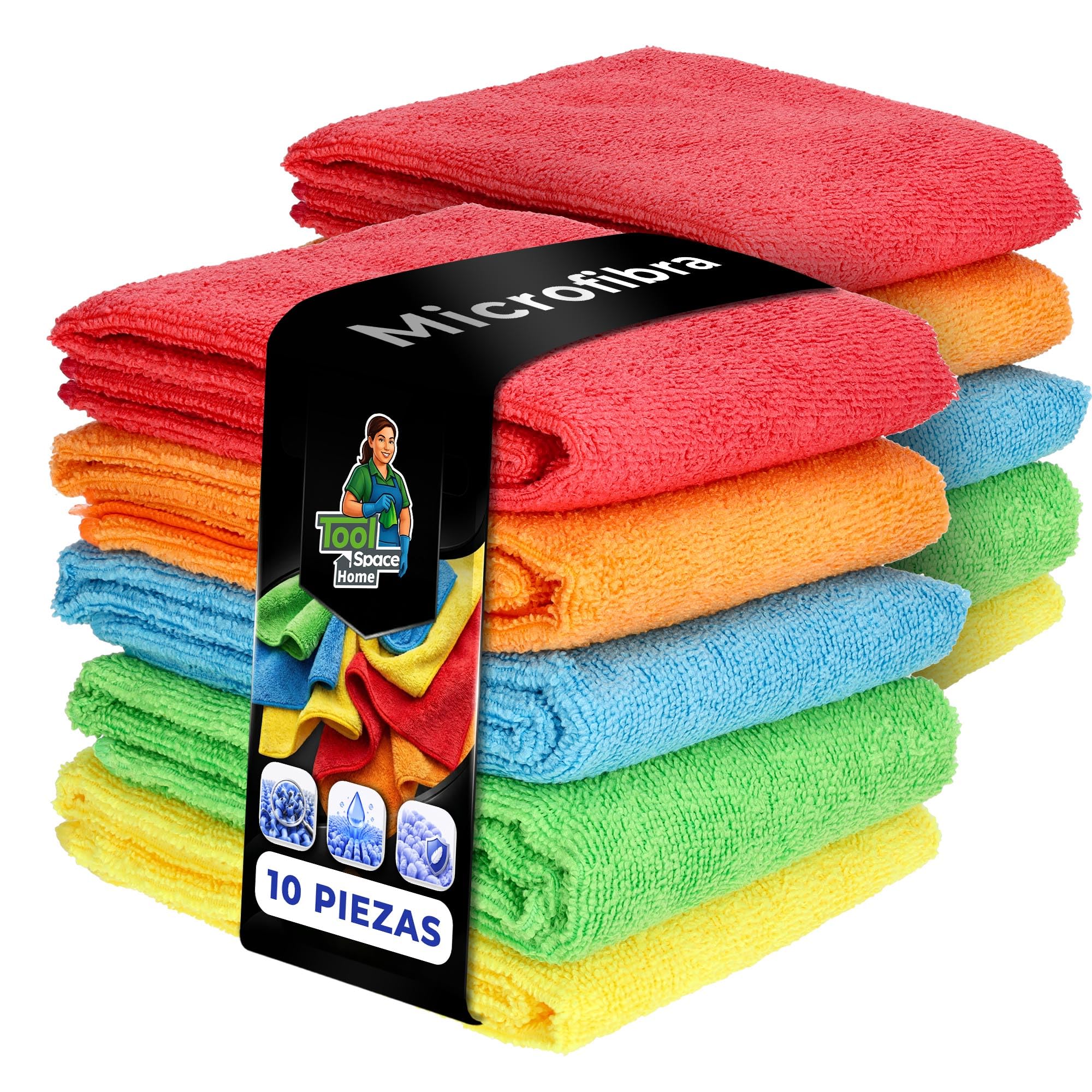 ToolSpace Paños Microfibra Universal 50x60 cm 10 Unidades Grandes para Cocina Baño Coche Cristales Espejos Muebles Suaves Absorbentes Reutilizables Sin Rayas Limpieza Hogar Multiusos
