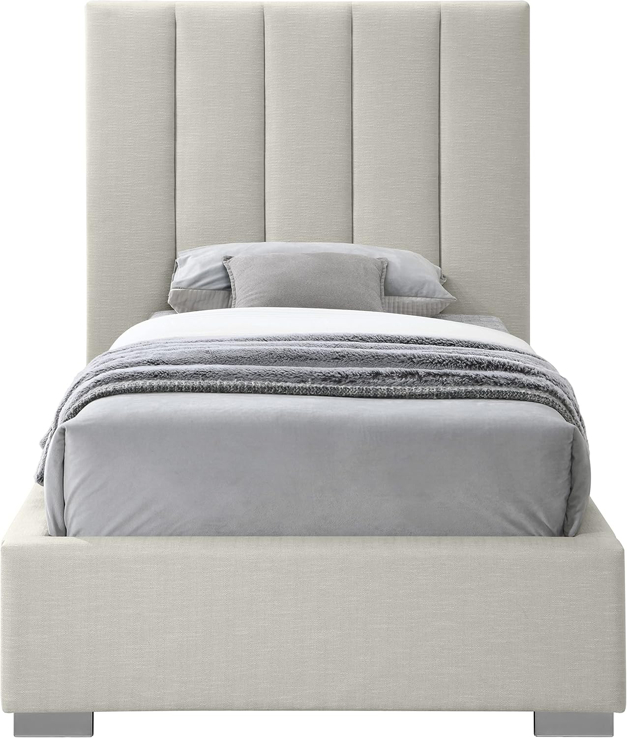 Meridian Furniture PierceBeige-T Pierce Collection Mid-Century Modern Linen Textured Fabric Upholstered Bed with Deep Channel Tufted Headboard, 45.5" W x 83.5" D x 54" H, Beige, Twin