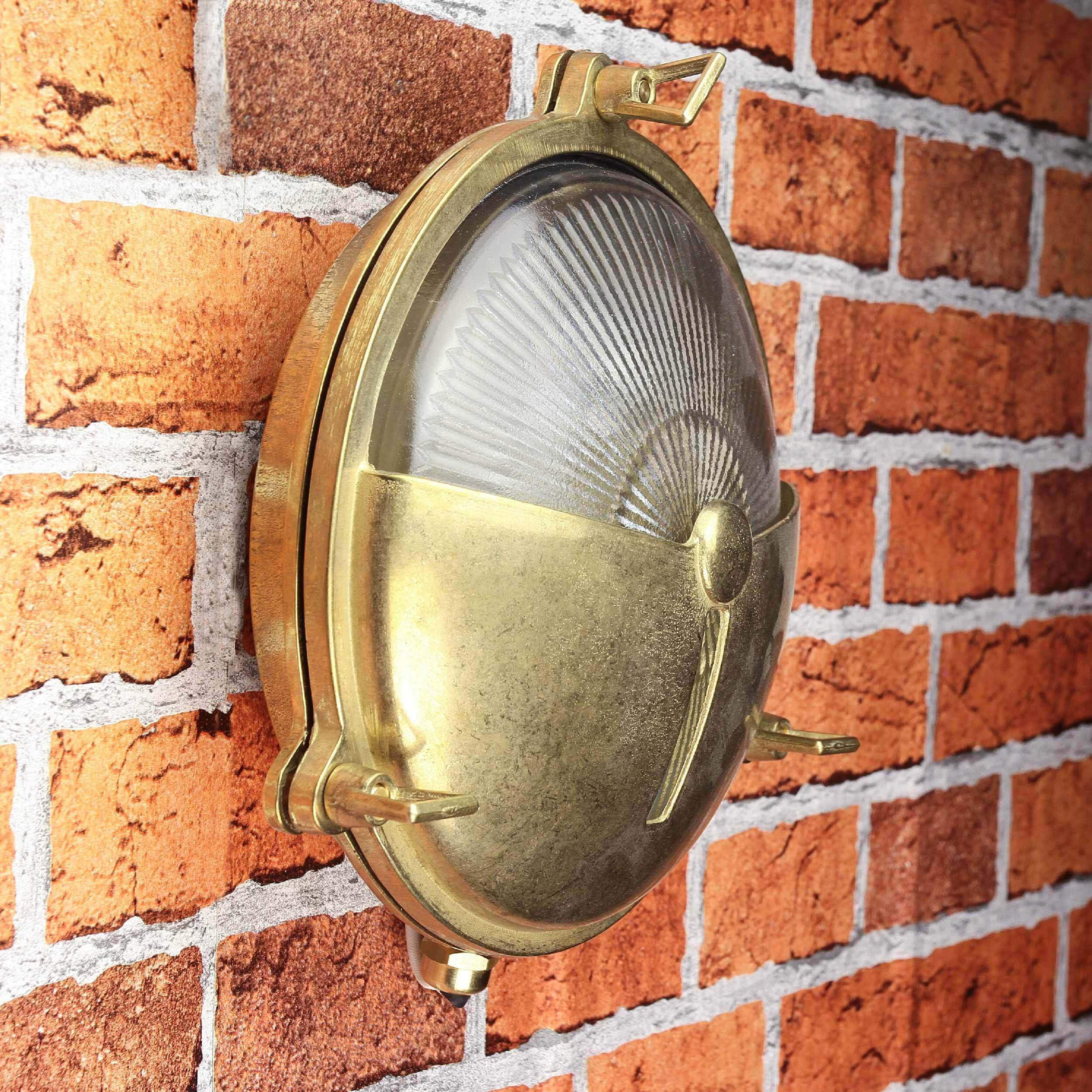 Außenwandleuchte rund Echt-Messing Antik rostfrei massiv E27 Riffelglas Ø21cm Wandlampe Haus Terrasse Balkon