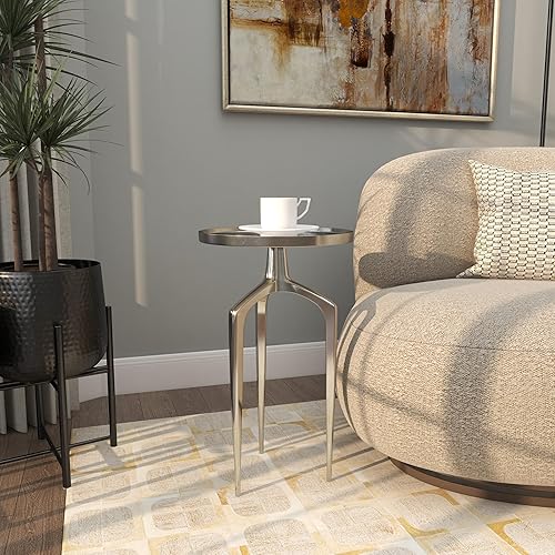 Miniatura 25 de Deco 79 Mesa auxiliar de metal de aluminio inspirada en la bandeja superior con 3 patas de trípode, mesa auxiliar de 16 x 16 x 25 pulgadas, color