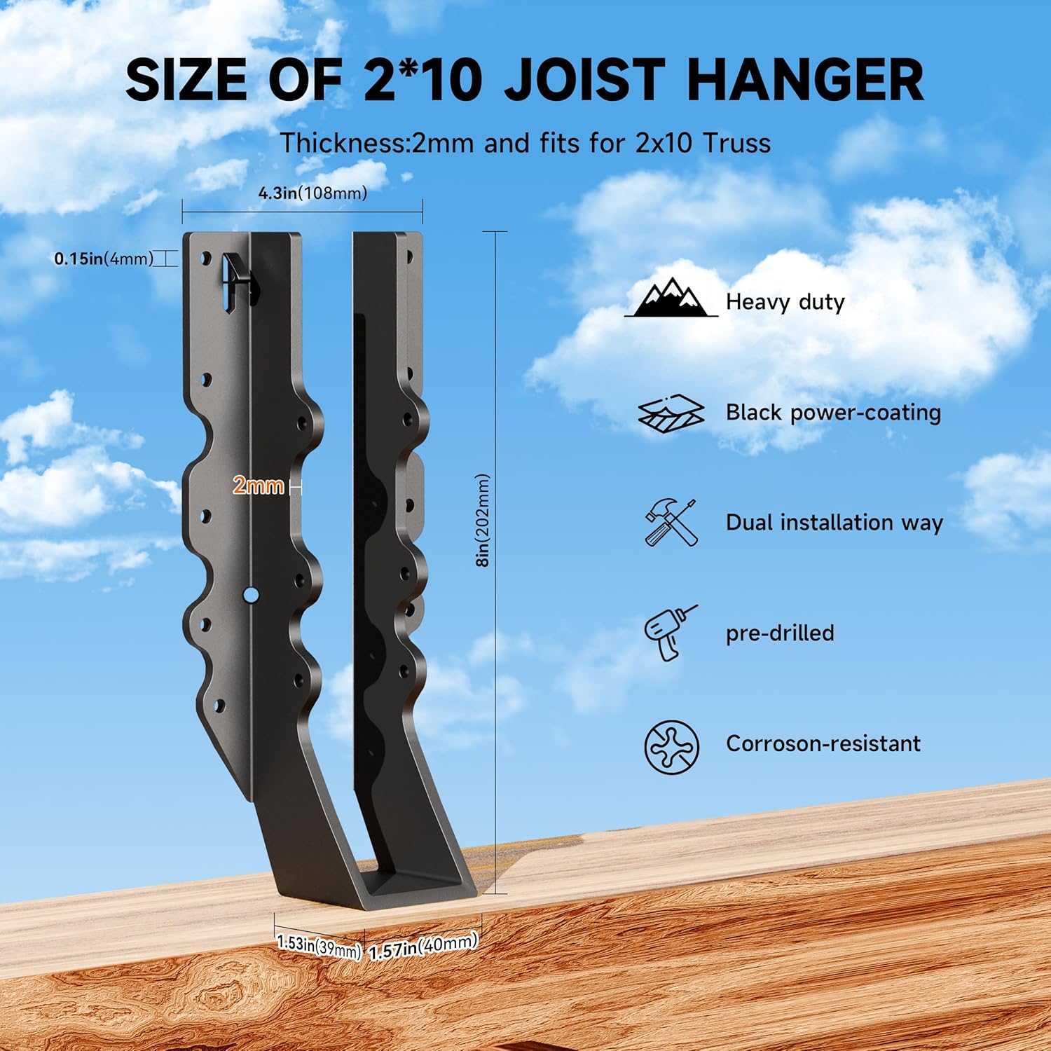 Black 2X10 Joist Hanger Heavy Duty 14 Gauge LU210 Black Face Mount Joist Hangers for Rafter Hurricane Ties Joist Hangers, Tie Brackets for Floor Deck and Ceiling Trusses -12 pk