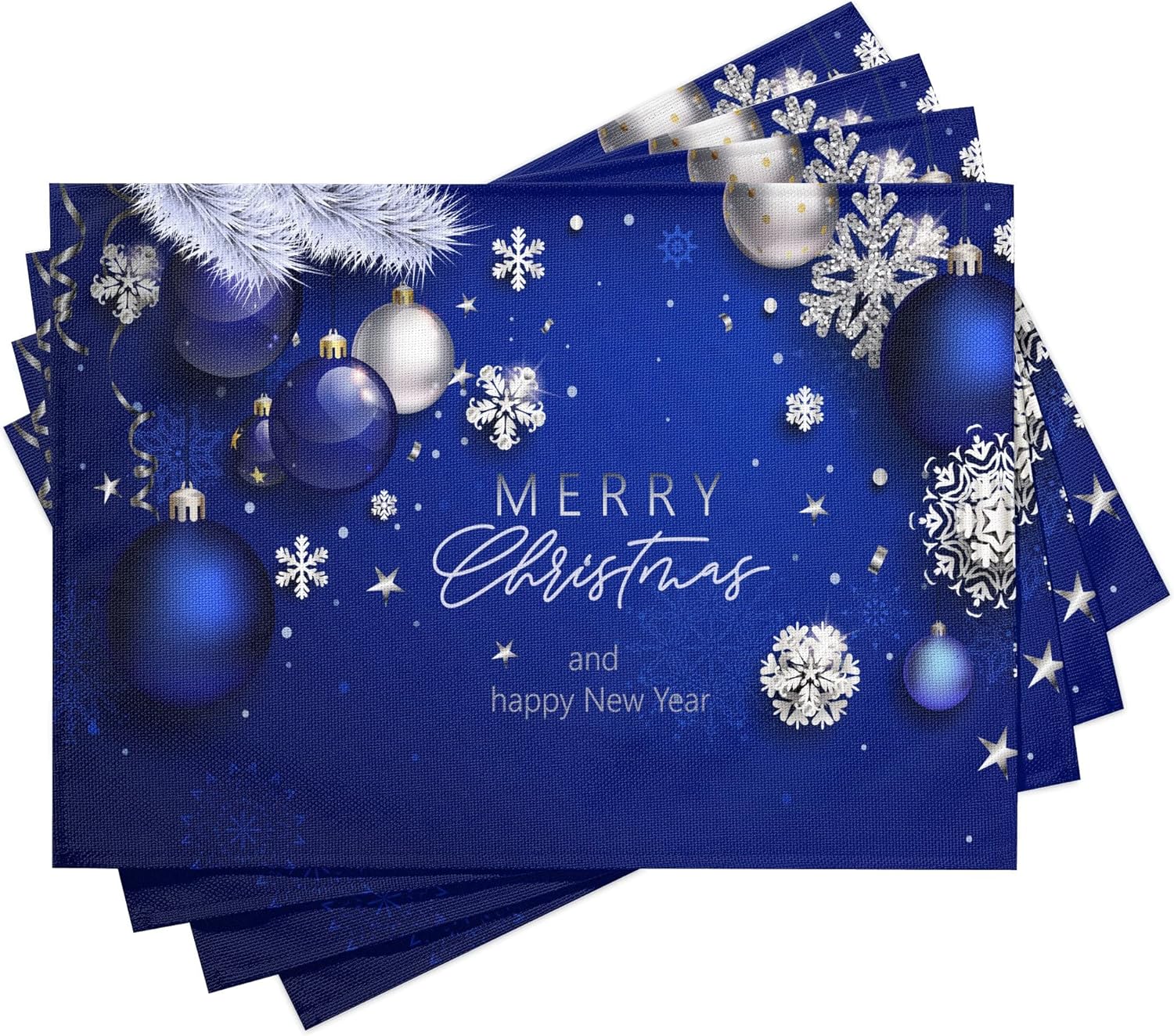 Placemats Christmas Blue Ball Fir Branch Snowflake for Dining Table Set of 4 Heat Resistant 12 x 18 Inch Durable PVC Place Mats Non-Slip Washable for Home Kitchen Restaurant Decoration