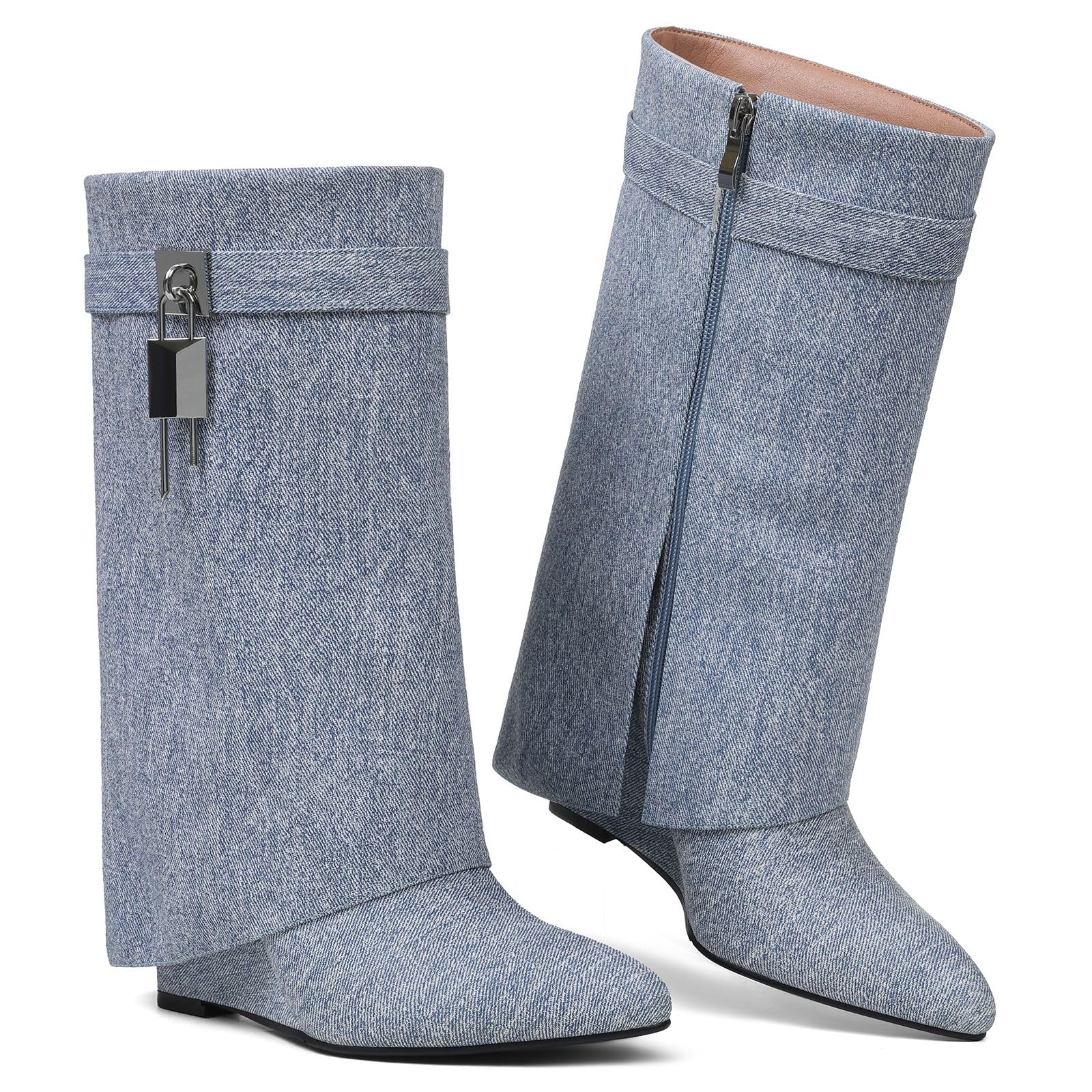 CYNLLIO Shark Boots Fold Over Wide Calf Boot Covered Wedge Heel Ankle Booties Pull On Almond Toe Botas