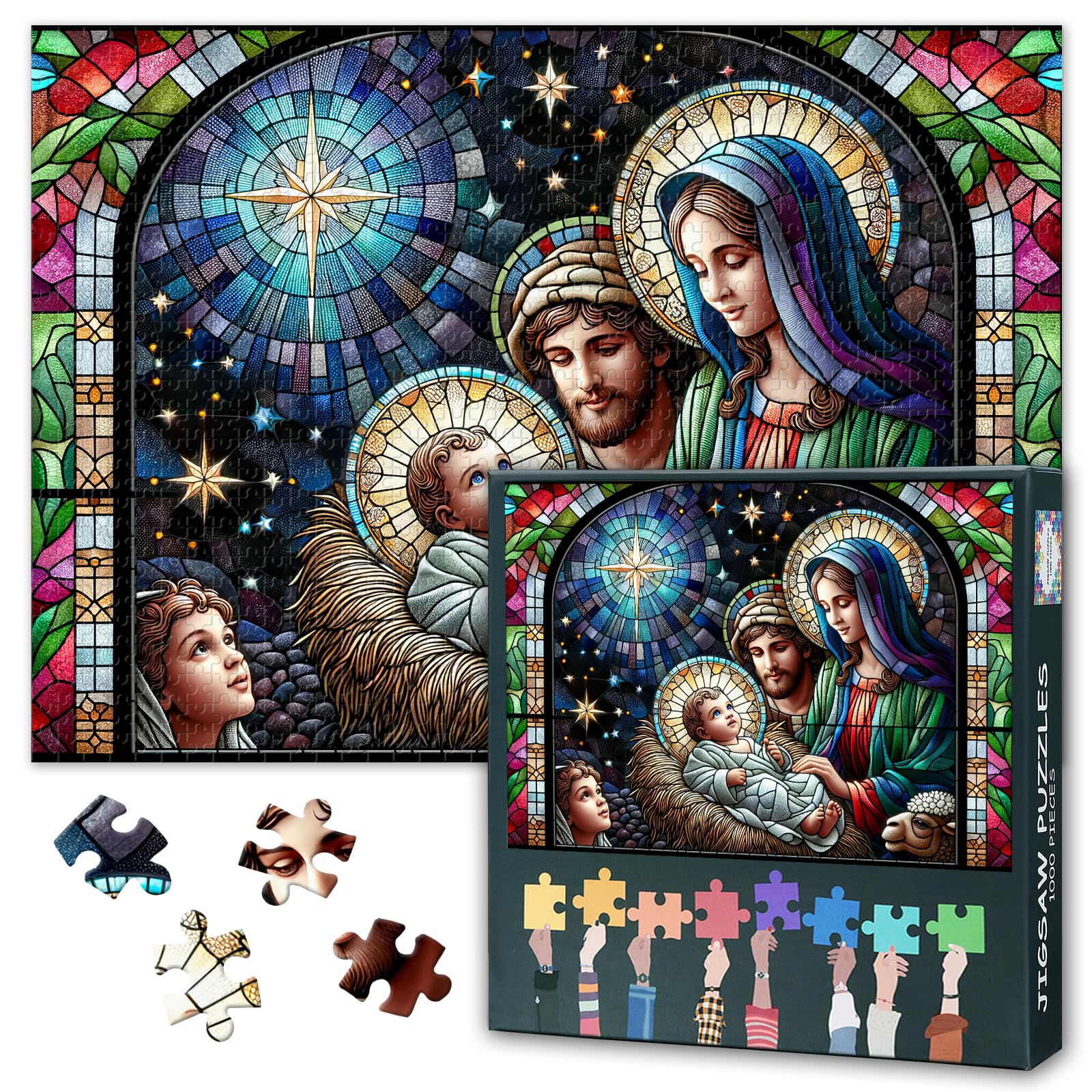 1000 Piece Jigsaw Puzzle for Adults The First Christmas Nativity of Baby Jesus in Stained Glass Art Religious Holiday Puzzle Set and Seasonal Decor 27.5x19.7 Inch