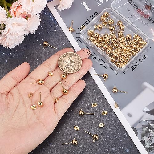 Miniatura 3 de Beebeecraft 1 caja de 50 piezas de aretes de bola chapados en oro de 24 quilates con bucles, componente de pasador de oreja de bola de 0.354 x 0.236