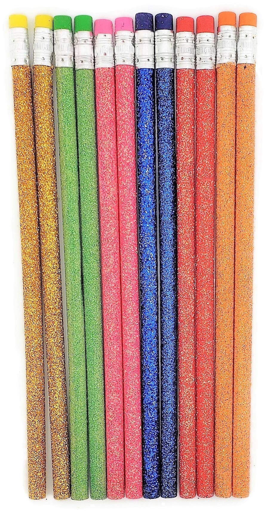 Sparkle Glitter Fun #2 Lead 7.5' Pencils (Pack) 6 Glitter Colors: Yellow,  Red, Pink, Green, Blue and Orange! (24)