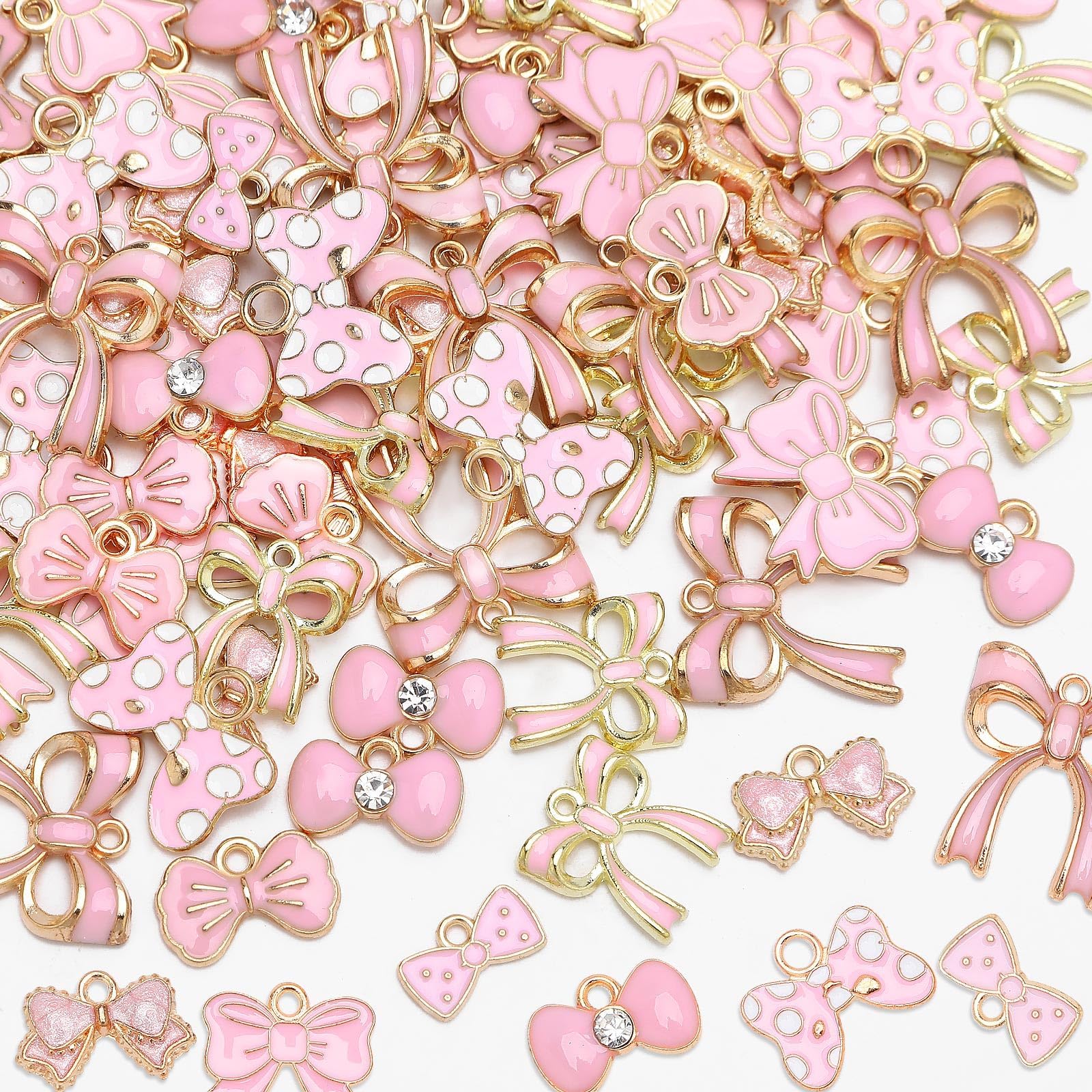 MARFOREVER 120 Pcs Pink Bow Charms, Bowknot Charms for Jewelry Making Alloy Enamel Kawaii Bow Tie Charm Pendants for Women Girl DIY Bracelet Necklace Earrings Valentines Day Crafts Supplies