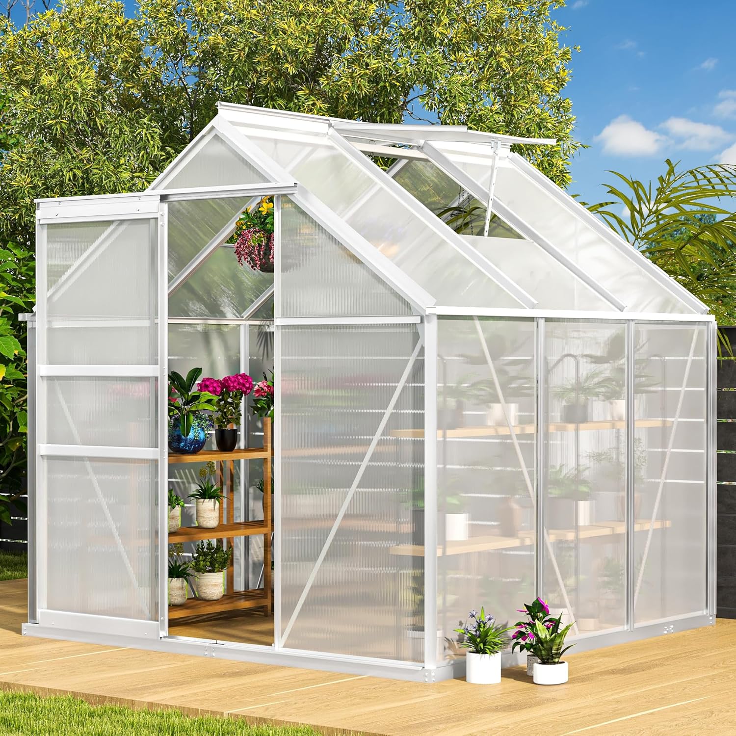 dwvo 6x6ft polycarbonate greenhouse heavy duty green houses outdoor aluminum greenhouses with sliding doors vent window premium walk-in greenhouse large sun house for garden backyard, matte sliver 6x6ft matte sliver pc