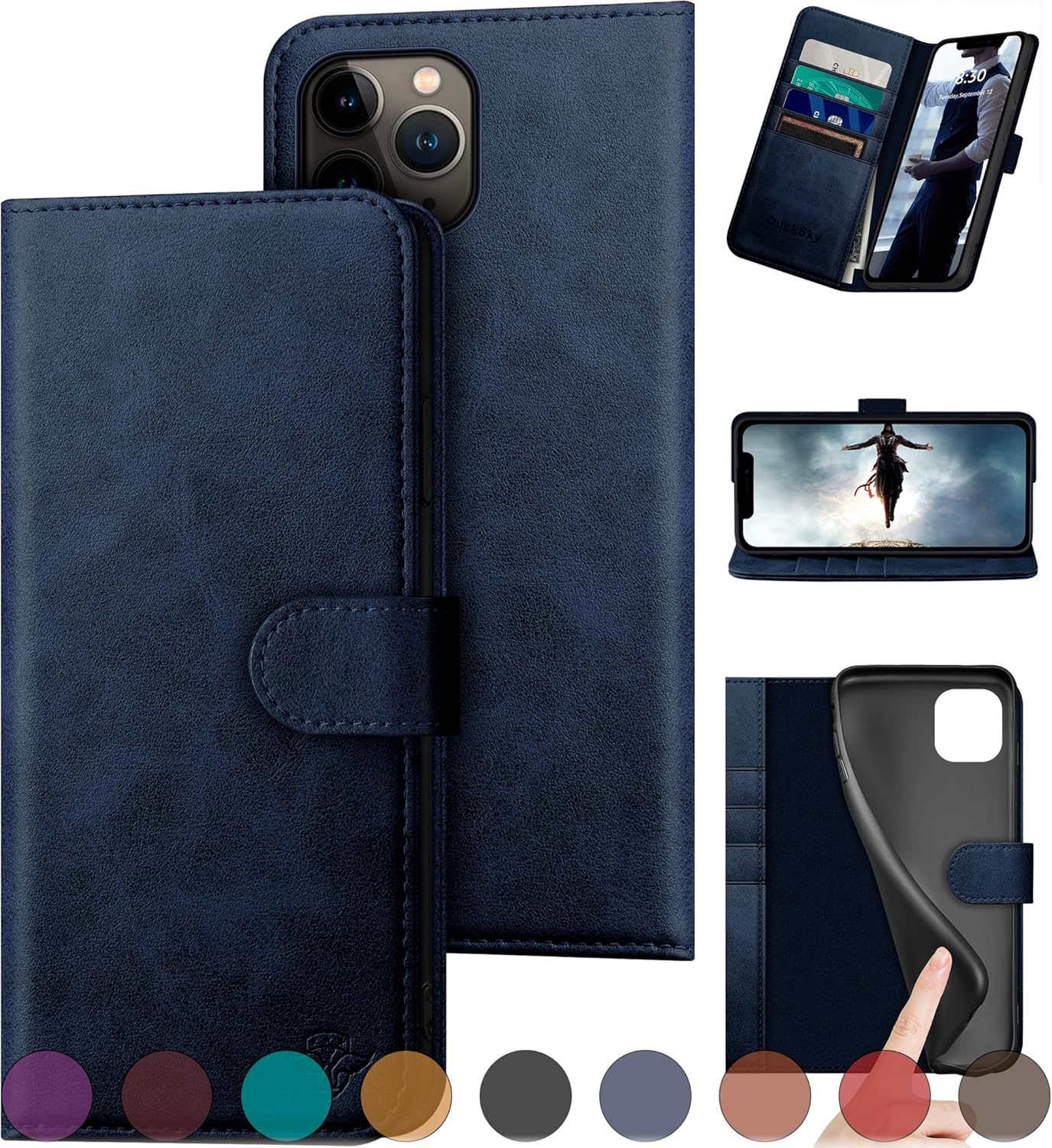 DuckSky for iPhone 11 Pro Genuine Leather Wallet case 【RFID Blocking】【4 Credit Card Holder】【Real Leather】 Flip Folio Book Phone case Protective Cover Women Men for Apple 11Pro case Dark Blue