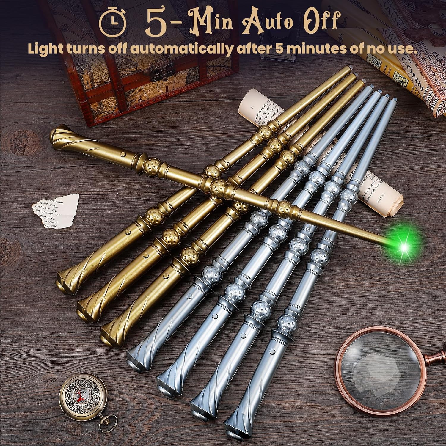 KingVows Light Up Magic Wizard Wand with 4 Color Lights & Sound - Set of 8 Illuminating Witch Sorcerer Toys for Kids Cosplay Party, Golden & Silver