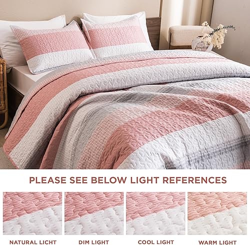 Miniatura 7 de Litanika Juego de edredón de tamaño California King, colcha de 3 piezas, colcha a rayas color rosa, juego de ropa de cama acolchado ligero para toda